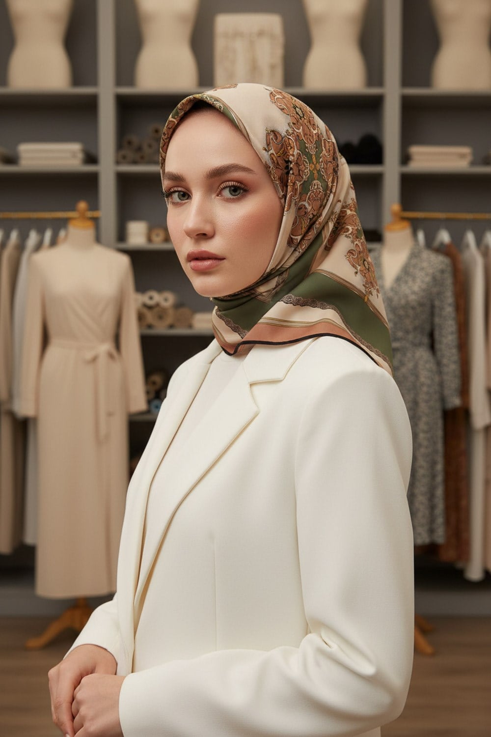 % 57 İPEK % 43 VİSKON Twill İpek Barok Desenli Bakır - Haki Renkli 90x90 Eşarp Dikim Şekli : El Dikişi