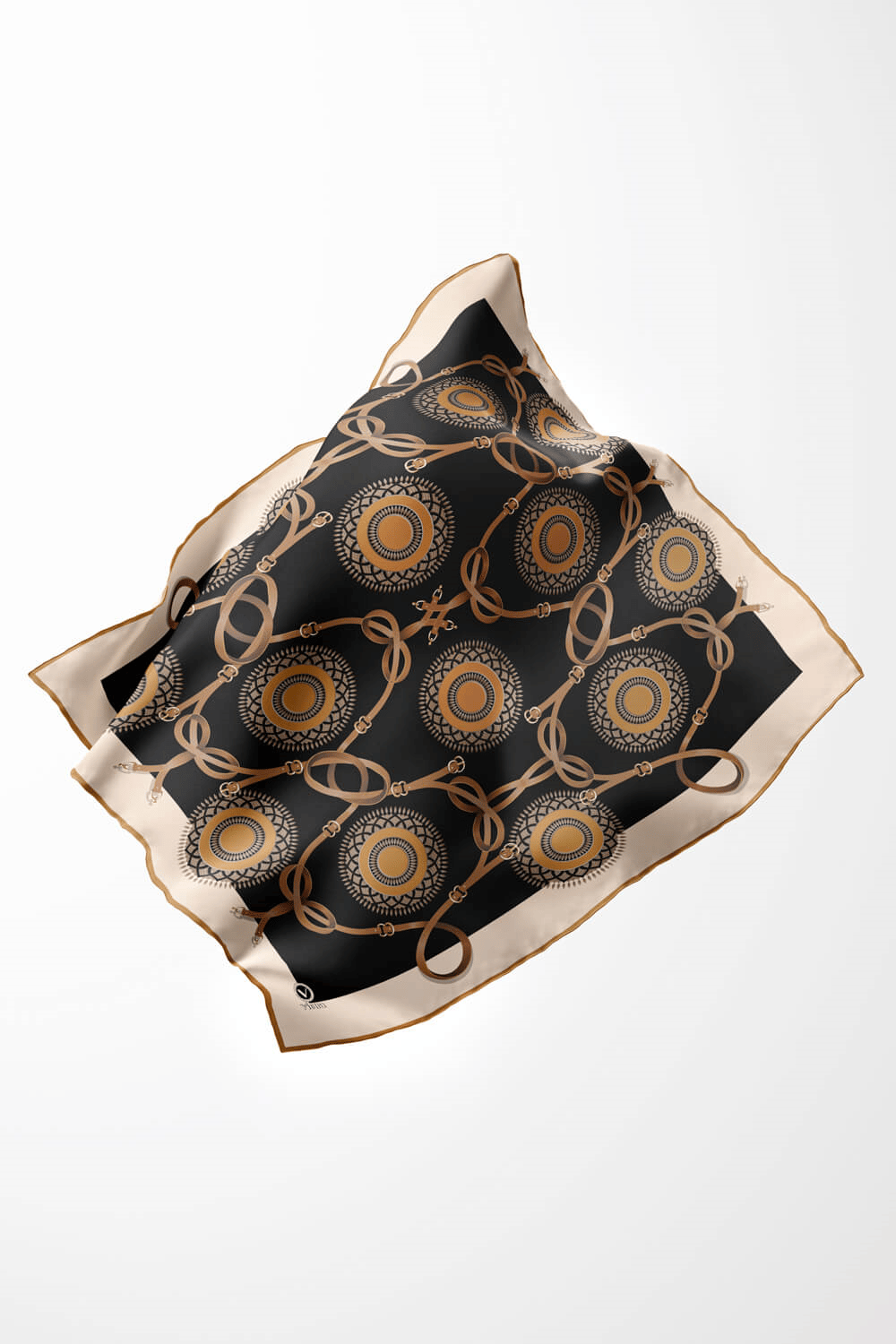 Twill Kemerli Ve Geometrik Desenli Hardal Renkli 90x90 Eşarp (İpek İçermez) Kenar Dikiş Şekli El Dikişli