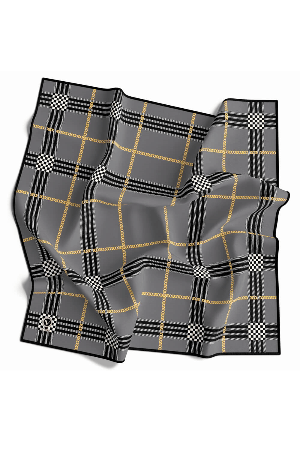 Twill Ekose Desenli Gümüş Renkli 90x90 Eşarp (İpek İçermez) Kenar Dikiş Şekli El Dikişli