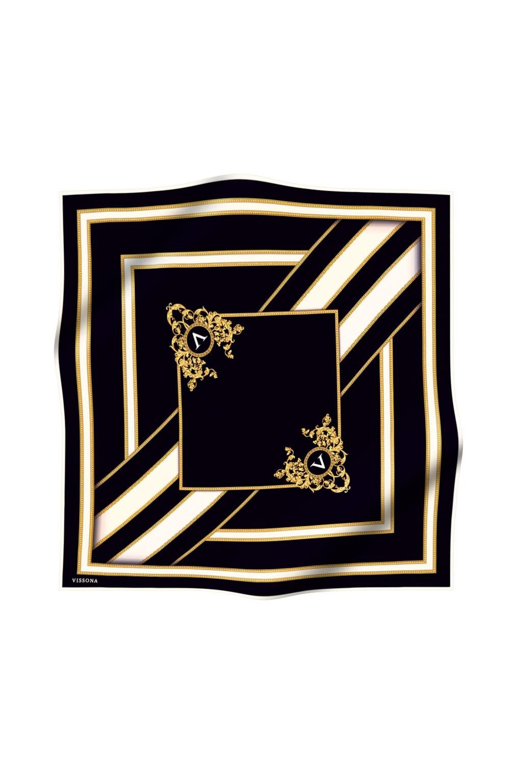 %100 Twill İpek Baroklu Ve Geometrik Desenli Siyah - Krem Renkli 90x90 Eşarp Dikim Şekli : El Dikişi