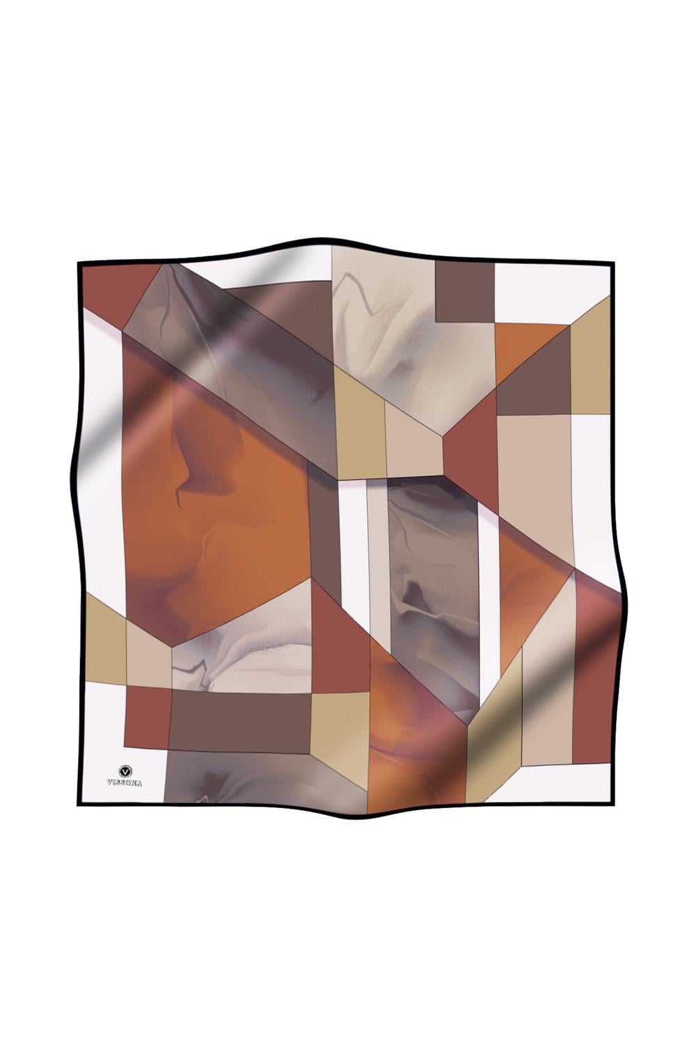 %100 Twill İpek Geometrik Desenli Turuncu - Vizon  Renkli 90x90 Eşarp Dikim Şekli : El Dikişi