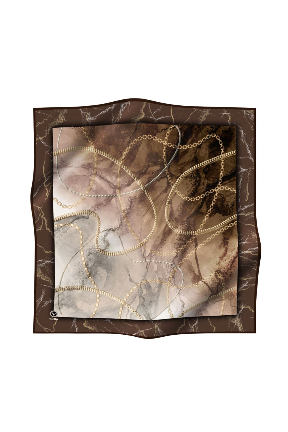 Twill Mermer ve Zincir Desenli Vizon Renkli 90x90 Eşarp (İpek İçermez) Kenar Dikiş Şekli El Dikişli
