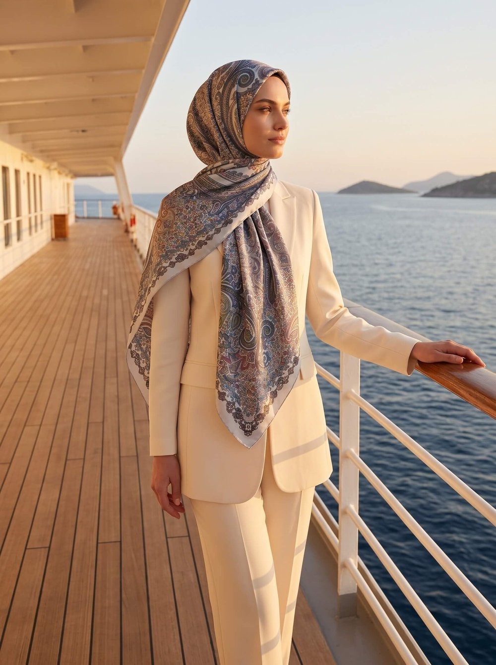 100% İpek Etro Desenli Bebe Mavisi - Pembe Renkli 92x210 Şal