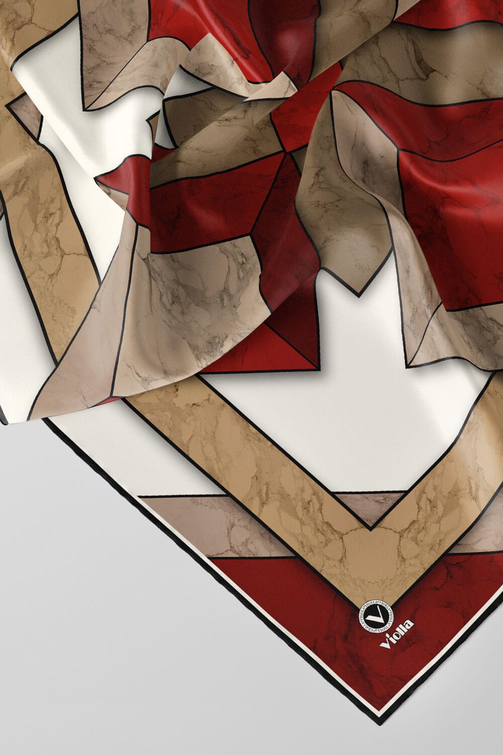 Twill Mermer Desenli Bordo - Bej Renkli 90x90 Eşarp (İpek İçermez) Kenar Dikiş Şekli El Dikişli