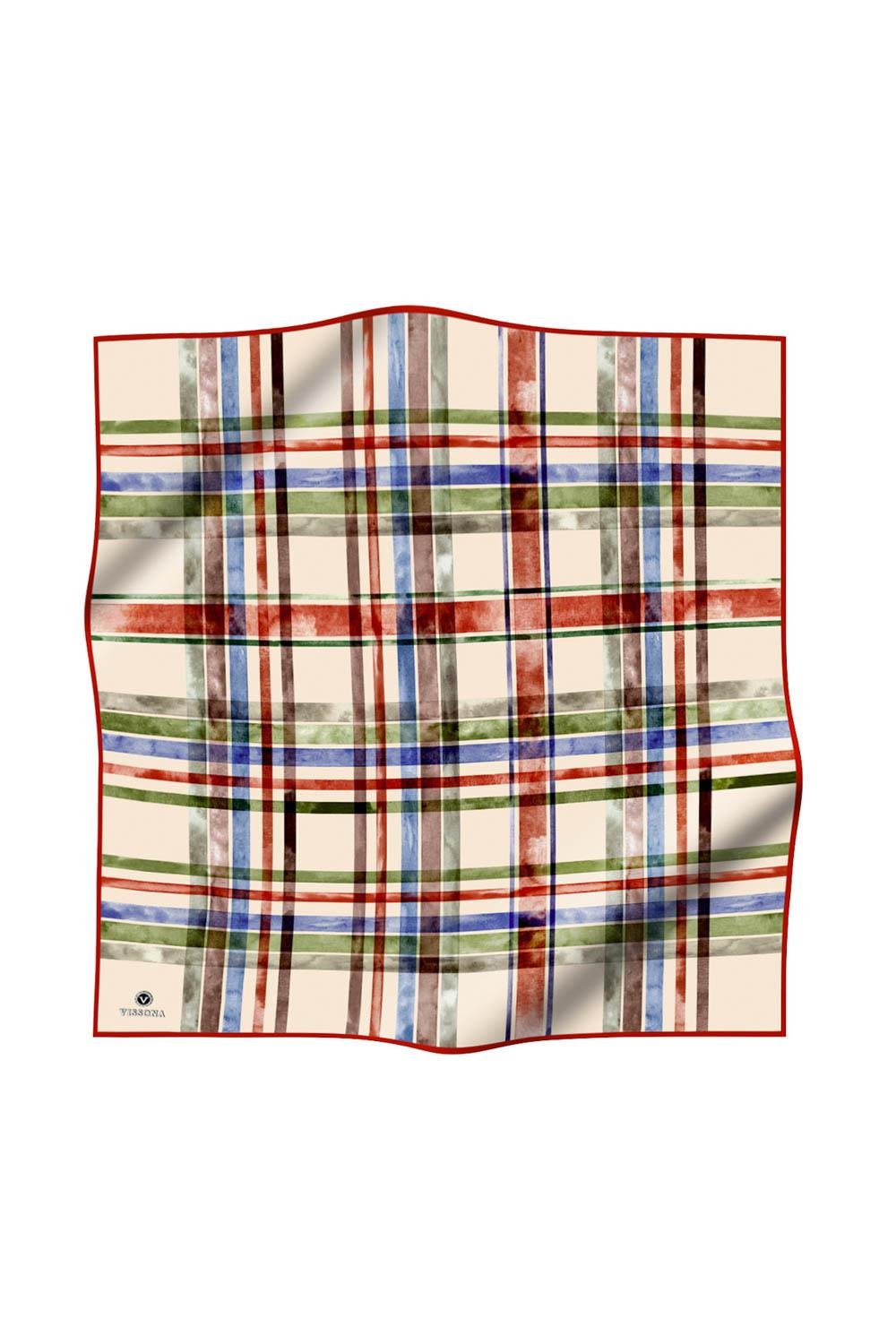%100 Twill İpek Ekose Desenli Taba - Haki Renkli 90x90 Eşarp Kenar Dikiş Şekli El Dikişli