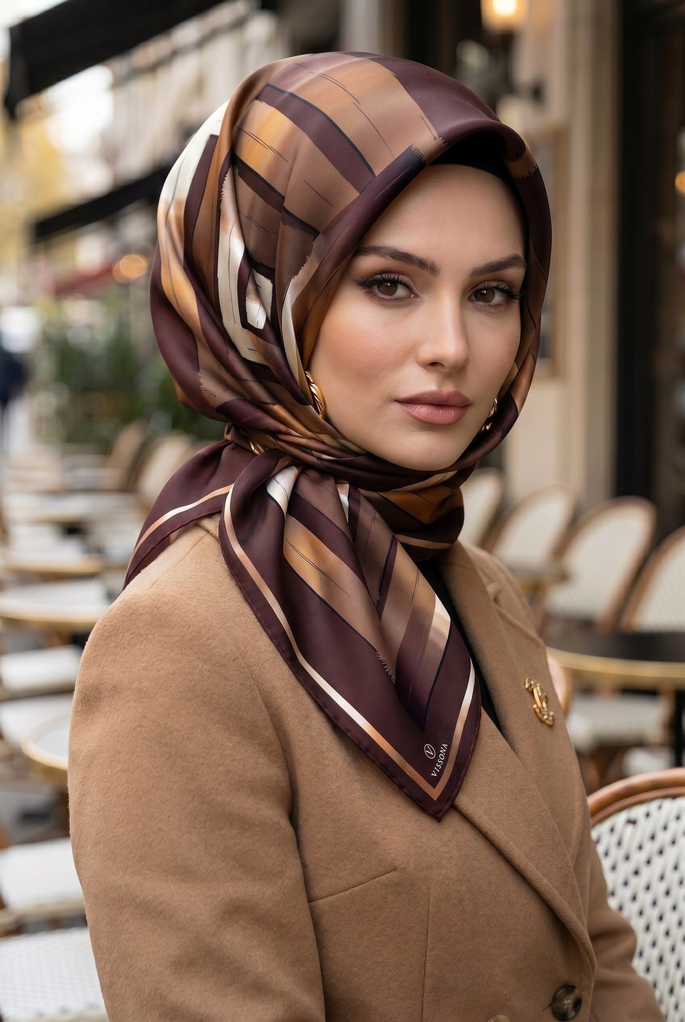 %100 Twill İpek Geometrik Fırça İzi Desenli Kahverengi - Bej Renkli 90x90 Eşarp Dikim Şekli : El Dikişi