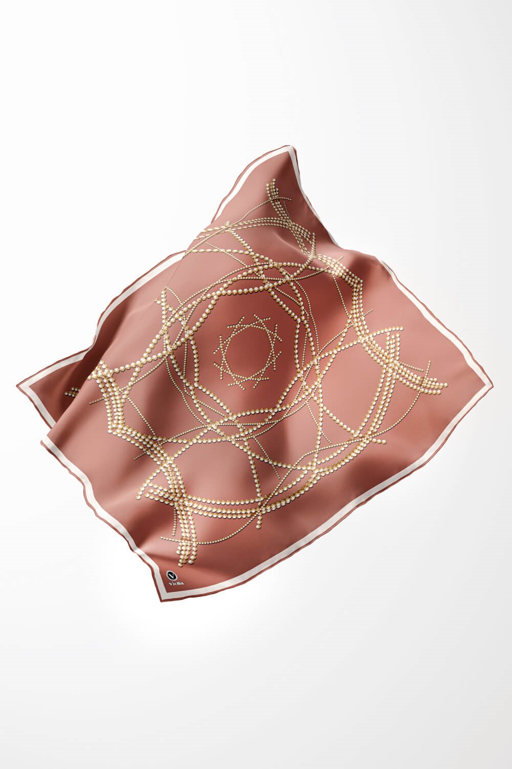 Twill Boncuk Desenli Somon Renkli 90x90 Eşarp (İpek İçermez) Kenar Dikiş Şekli El Dikişli