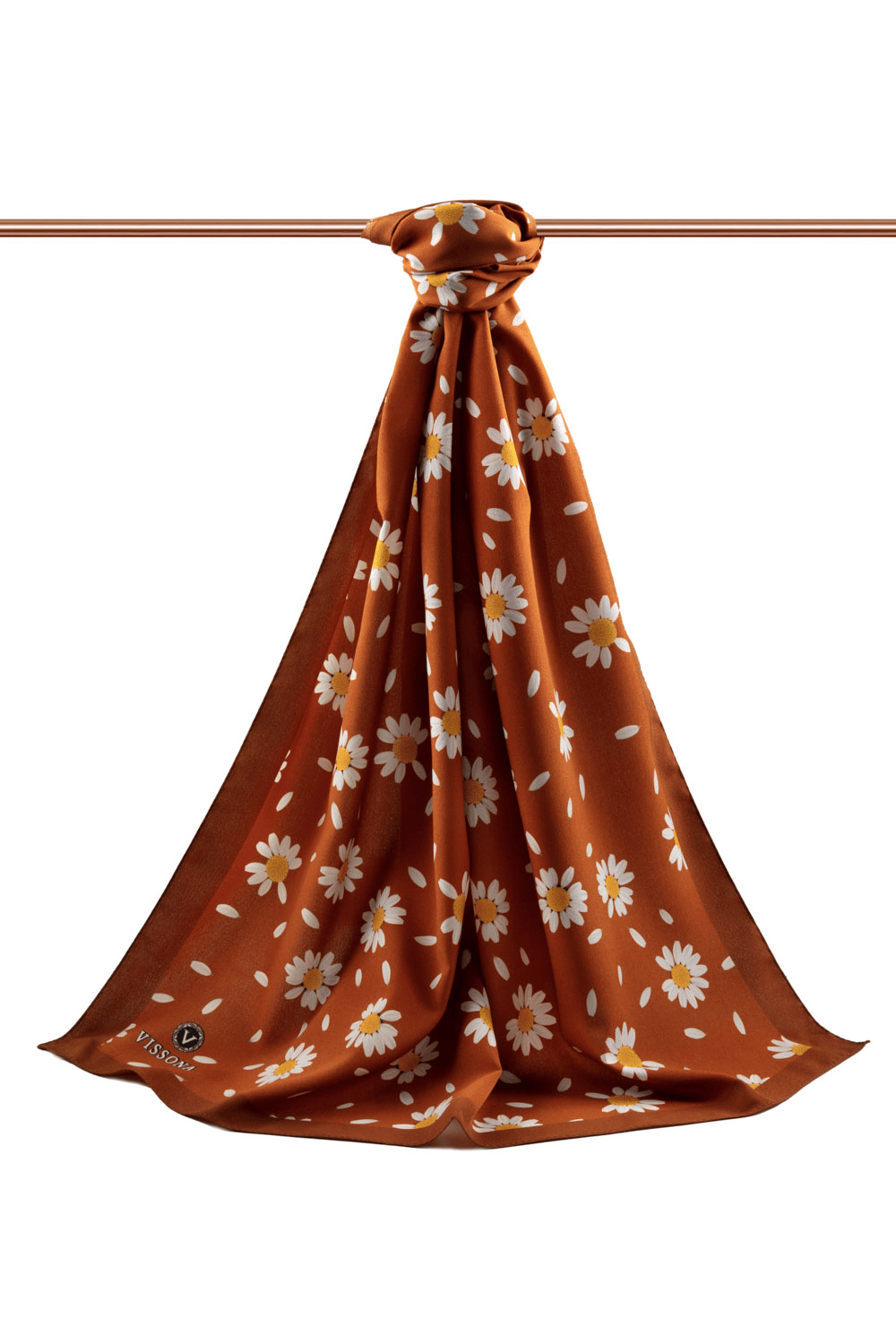 LÜKS MEDİNE İPEĞİ PAPATYA DESENLİ TABA RENKLİ 75X195 KIRIŞMAZ ŞAL MOSS KREP DİKİŞ TİPİ İTALYAN DİKİŞLİ