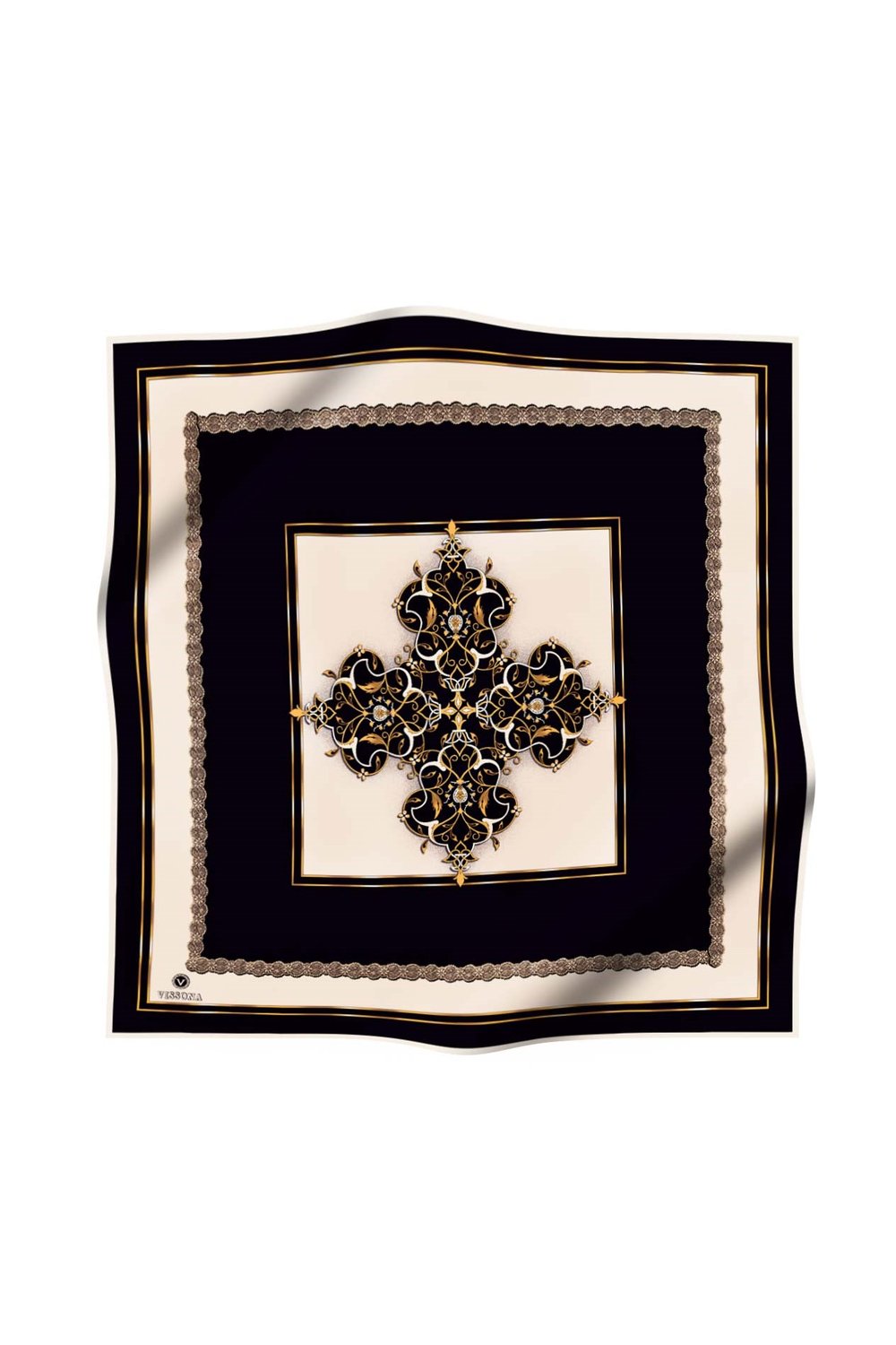 % 57 İPEK % 43 VİSKON Twill İpek Barok Desenli Siyah - Krem Renkli 90x90 Eşarp Dikim Şekli : El Dikişi