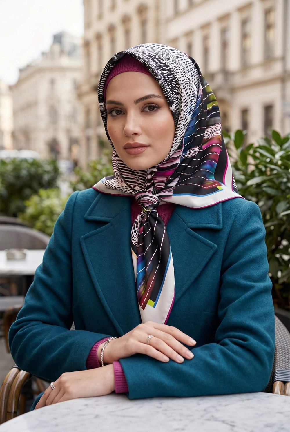 %100 Twill İpek Geometrik Desenli Siyah - Fuşya Renkli 90x90 Eşarp Dikim Şekli : El Dikişi
