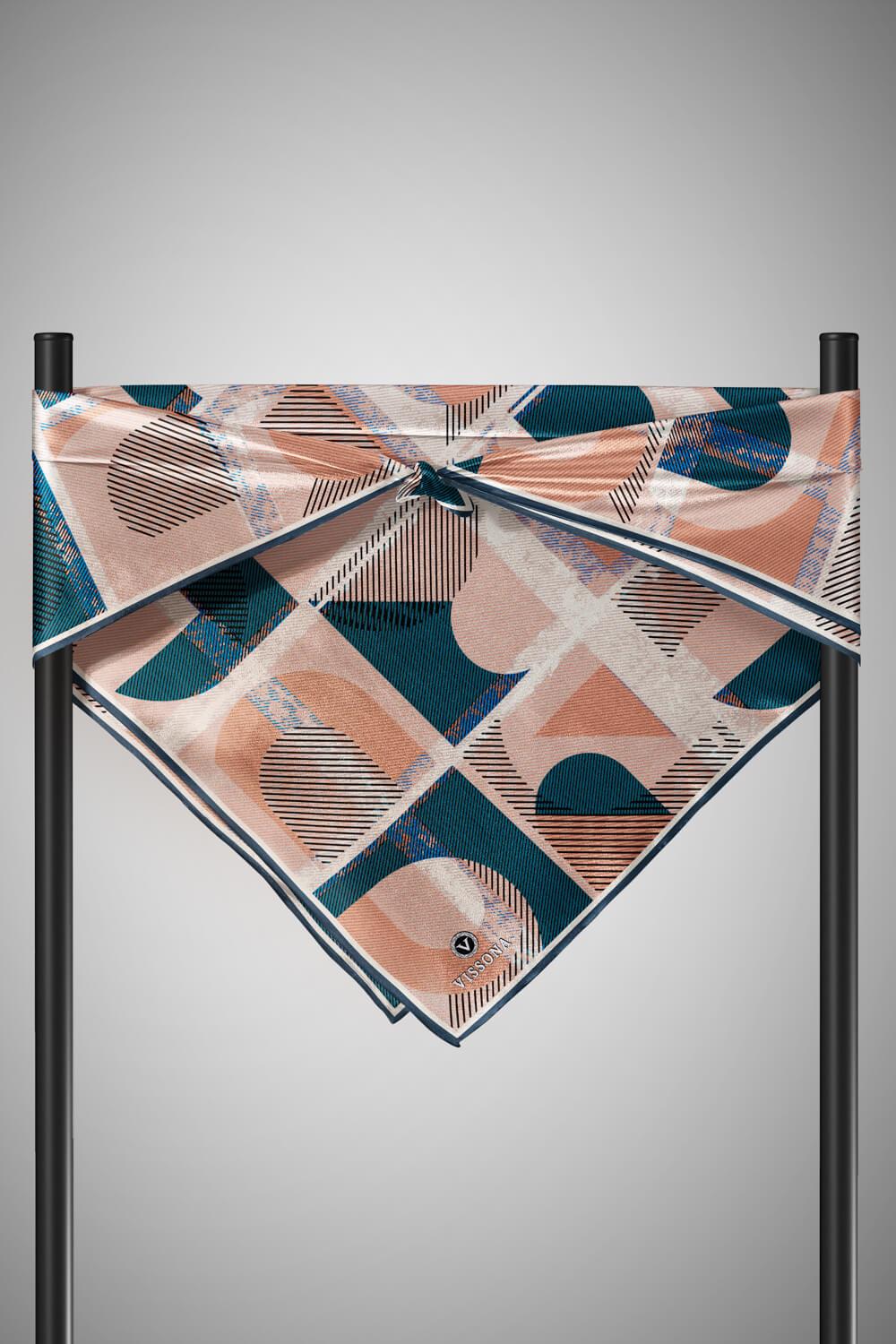 %100 Twill İpek Geometri Desenli Lacivert - Vizon Renkli 90x90 Eşarp Kenar Dikiş Şekli El Dikişli