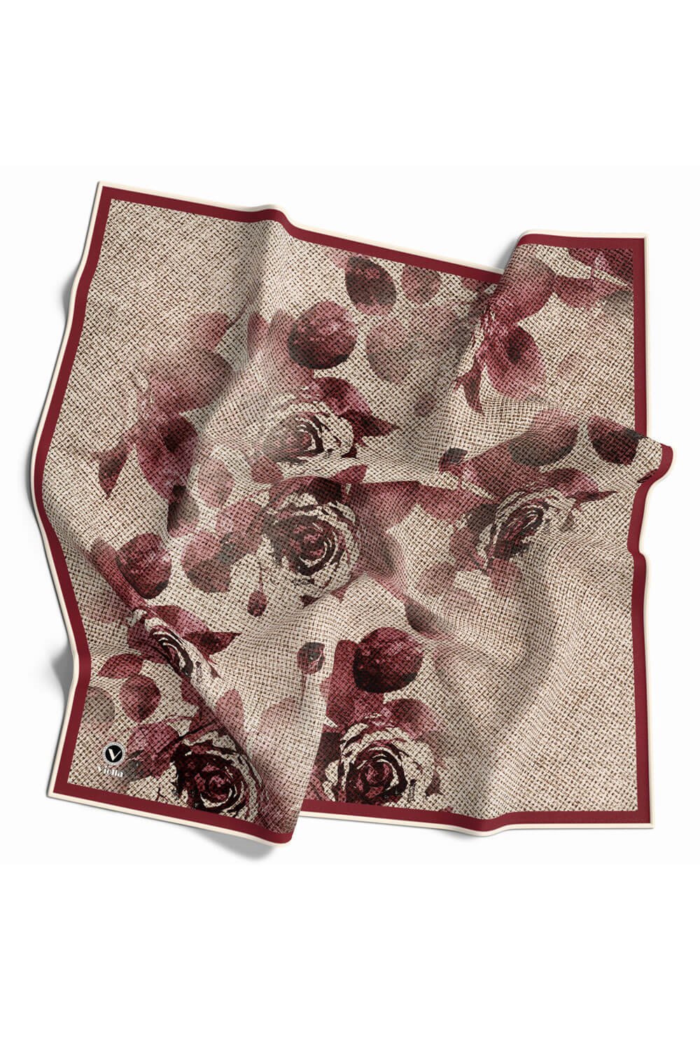 Twill Gül Desenli Bordo Renkli 90x90 Eşarp (İpek İçermez) Kenar Dikiş Şekli El Dikişli