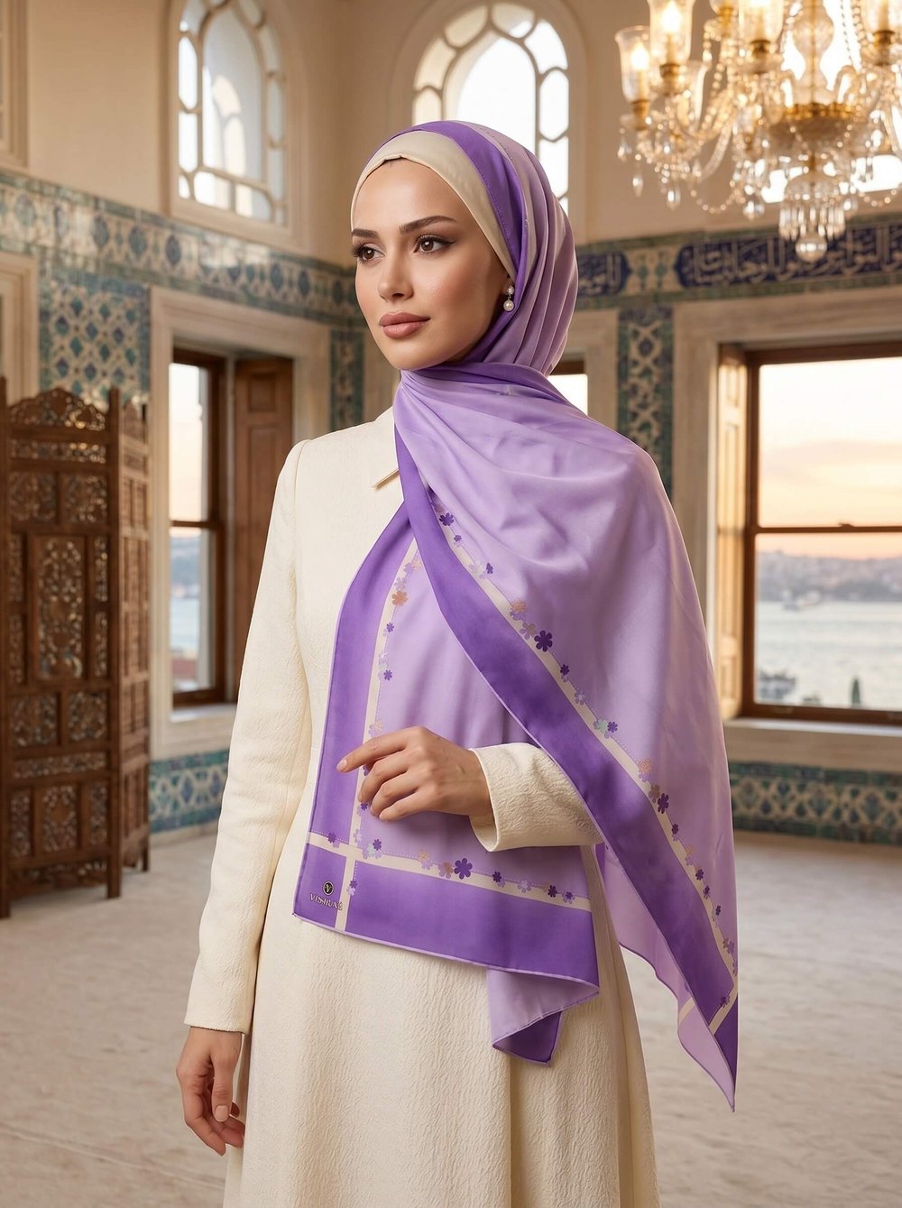 %100 İpek Çiçek Desenli Lila Renkli 92x210 Şal