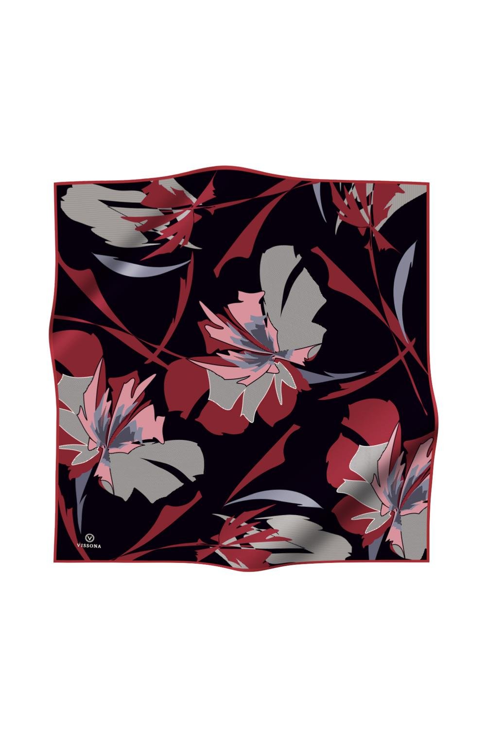 %100 Twill İpek Çiçek Desenli Siyah - Bordo Renkli 90x90 Eşarp Dikim Şekli : El Dikişi