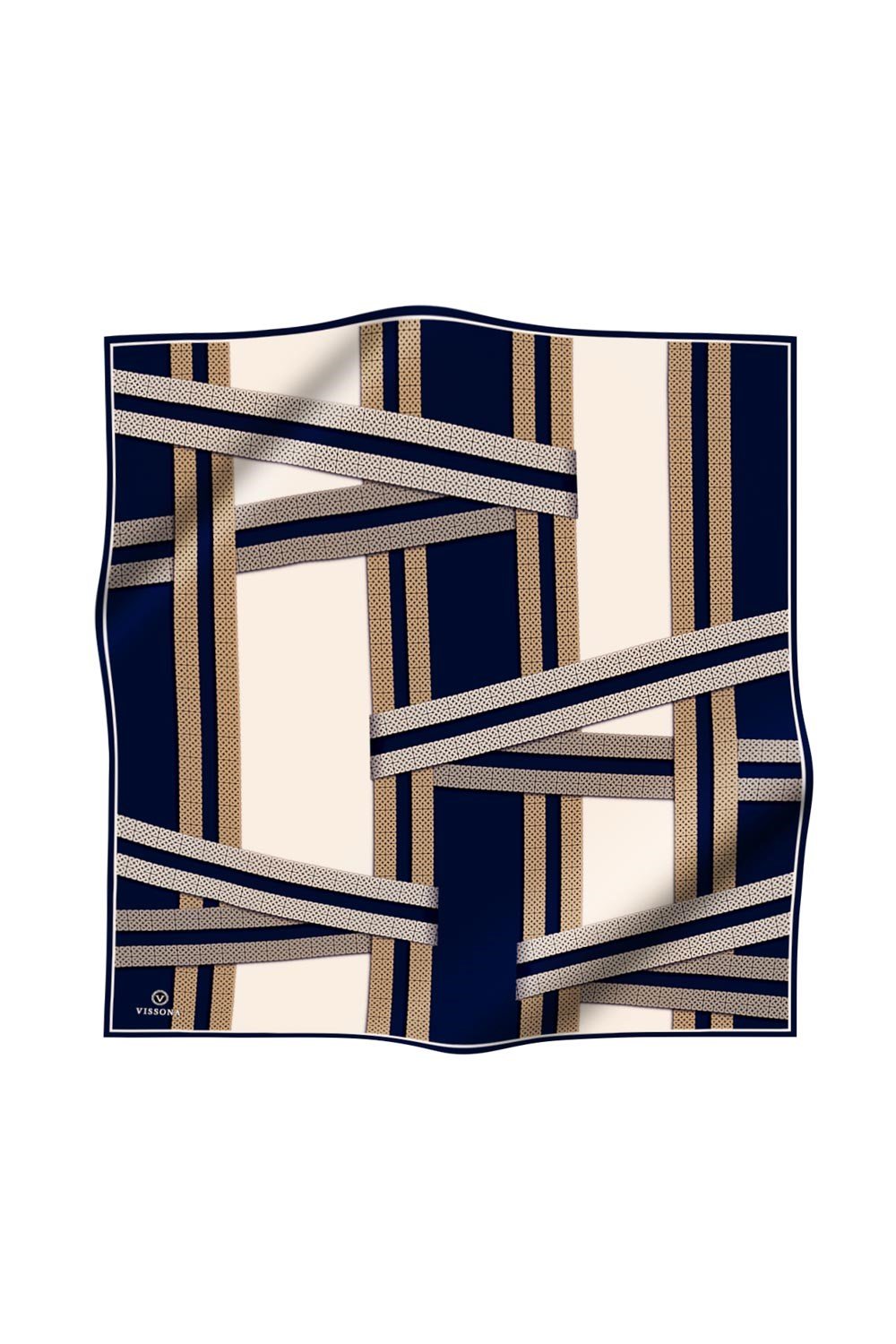 % 57 İPEK % 43 VİSKON Twill İpek Geometrik Desenli Lacivert - Krem Renkli 90x90 Eşarp Dikim Şekli : El Dikişi