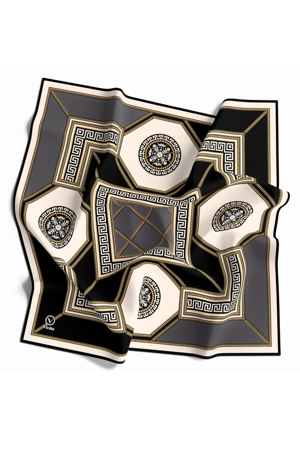 Twill Barok Desenli Gri Renkli 90x90 Eşarp (İpek İçermez) Kenar Dikiş Şekli El Dikişli