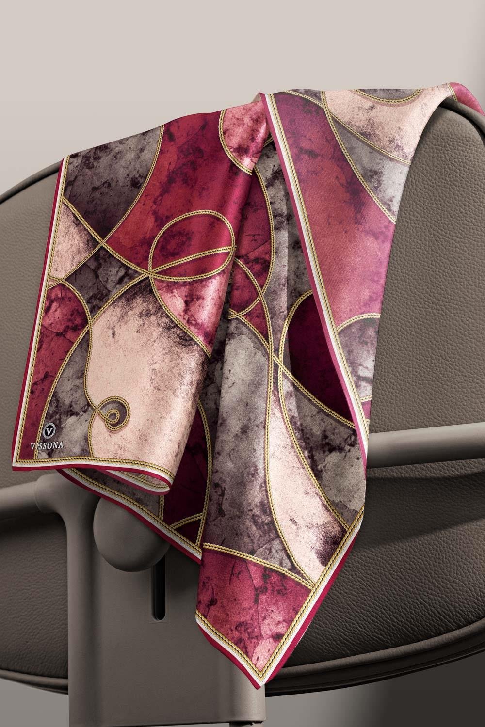 %100 Twill İpek Zincirli Mermer Desenli Bordo - Vizon Renkli 90x90 Eşarp Dikim Şekli : El Dikişi