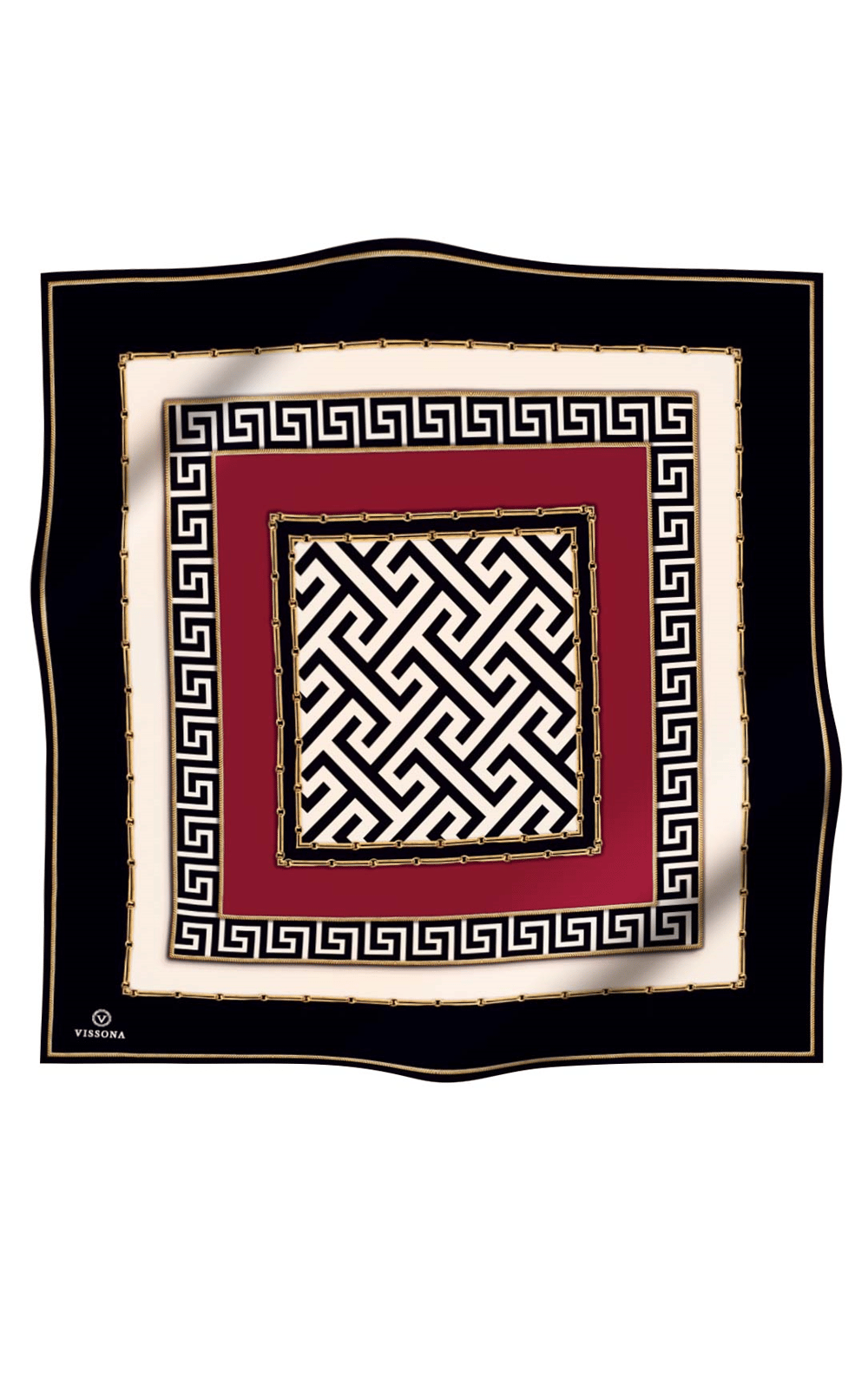 %100 Twill İpek Labirent Ve Geometrik Desenli Siyah - Bordo Renkli 90x90 Eşarp Dikim Şekli : El Dikişi