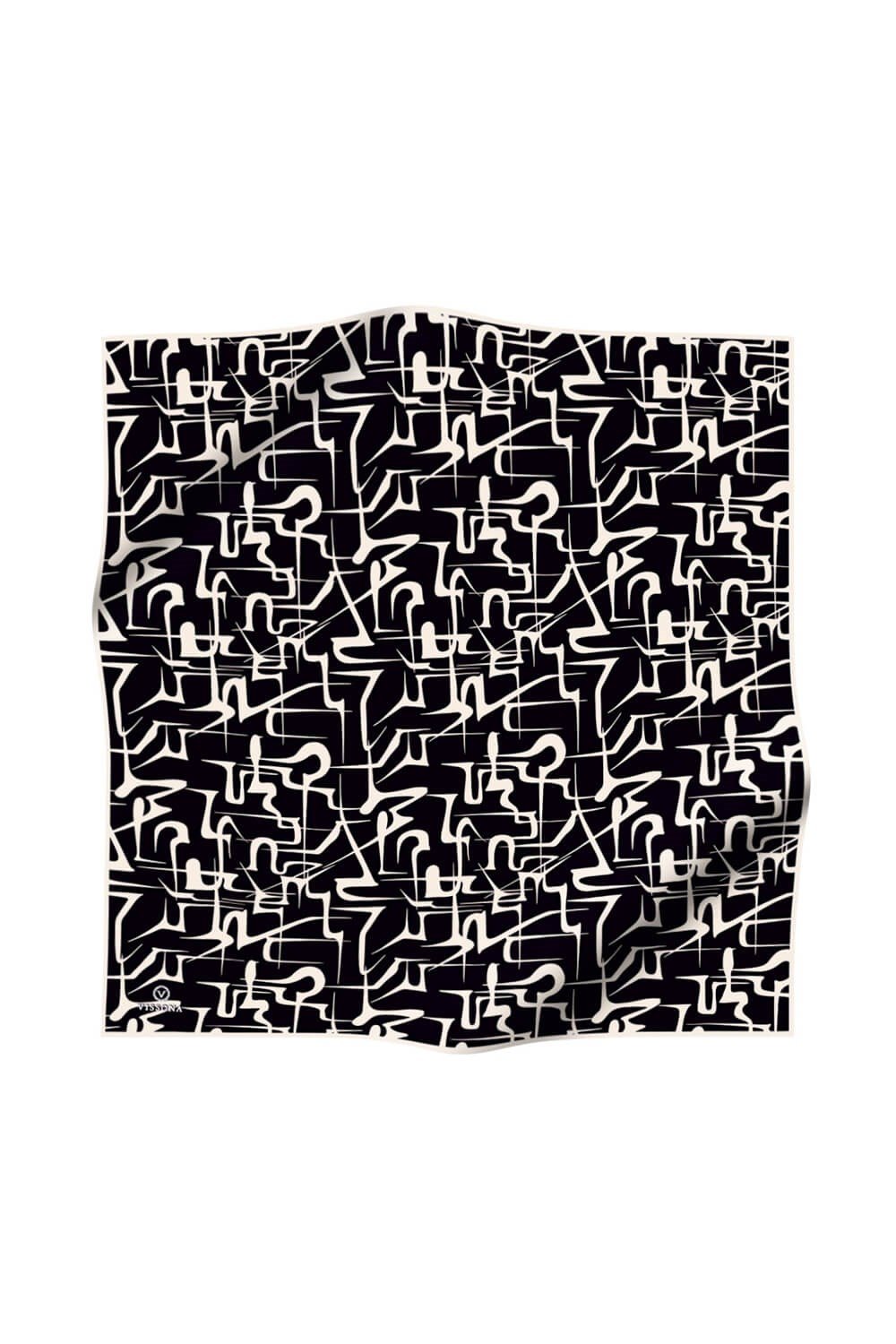 % 57 İPEK % 43 VİSKON Twill İpek Soyut Geometrik Desenli Siyah - Krem Renkli 90x90 Eşarp Dikim Şekli : El Dikişi