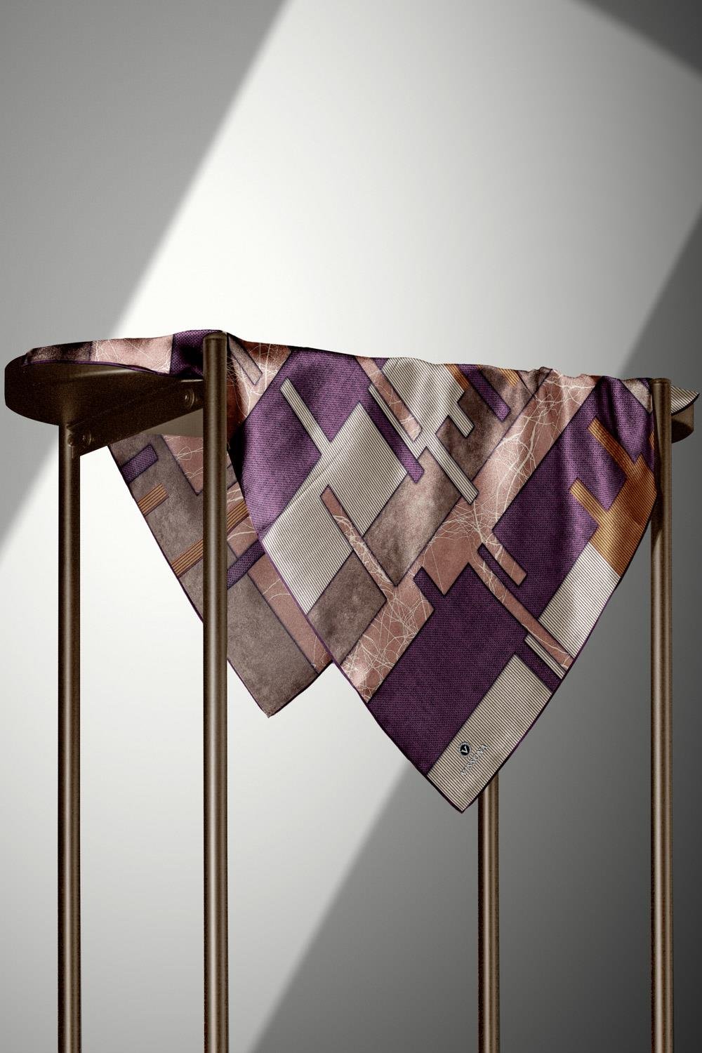 %100 Twill İpek Geometrik Desenli Mürdüm Renkli 90x90 Eşarp Dikim Şekli : El Dikişi