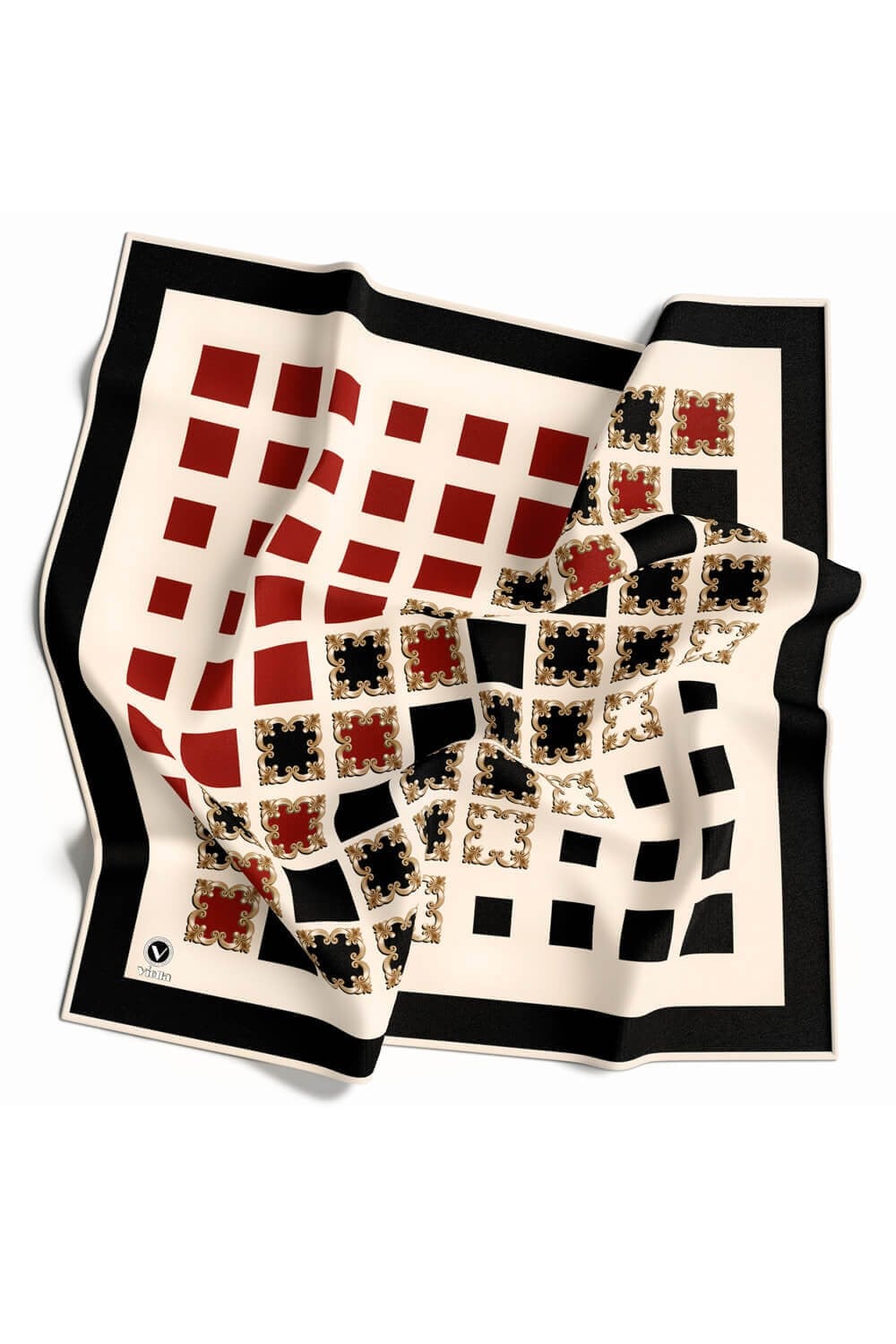 Twill Gold Detaylı Kare Desenli Siyah - Bordo Renkli 90x90 Eşarp (İpek İçermez) Kenar Dikiş Şekli El Dikişli