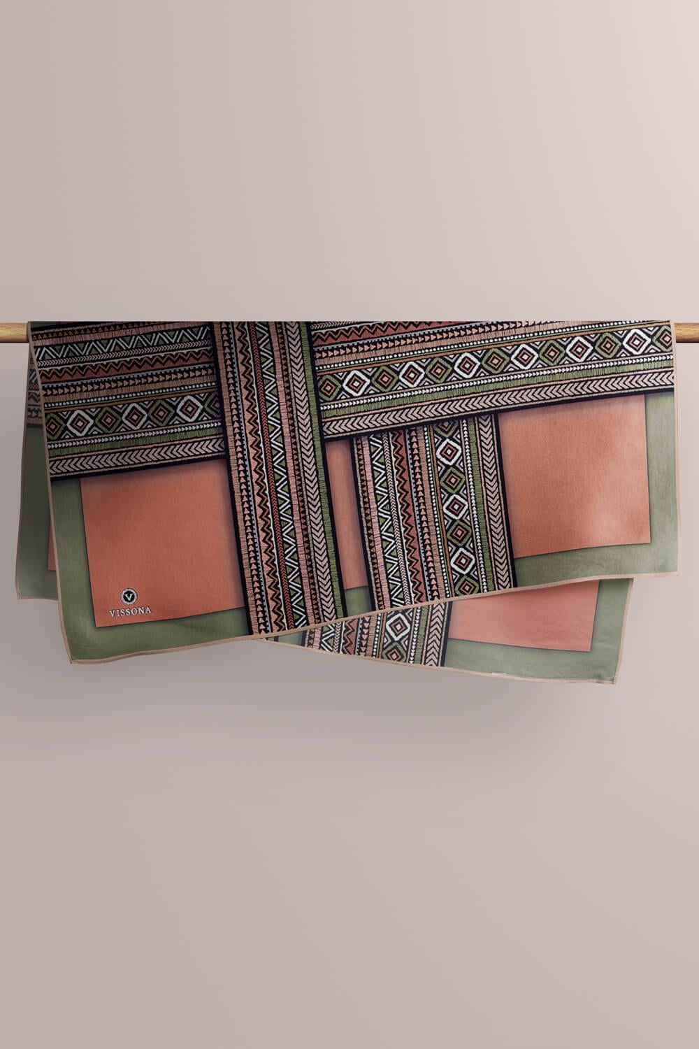 %100 Twill İpek Etnik Desenli Haki - Bakır  Renkli 90x90 Eşarp Dikim Şekli : El Dikişi