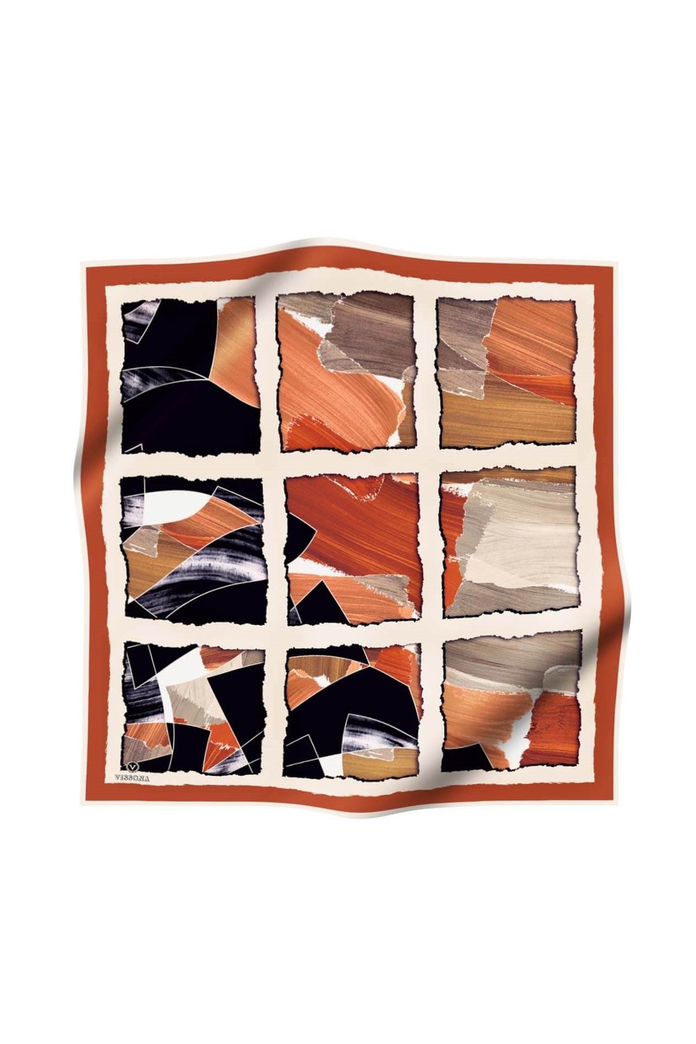%100 Twill İpek Geometrik Desenli Taba - Bej Renkli 90x90 Eşarp Dikim Şekli : El Dikişi