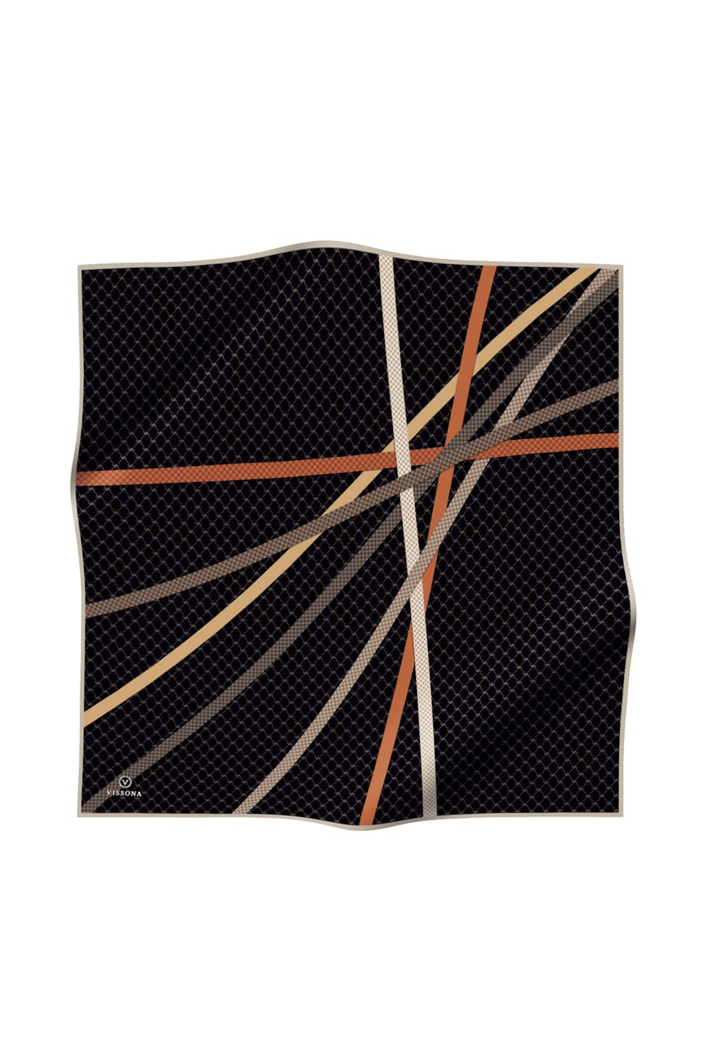 %57 İPEK %43 VİSKON Twill İpek Monogram Ve Şerit Desenli Siyah - Taba Renkli 90x90 Eşarp Dikim Şekli : El Dikişi