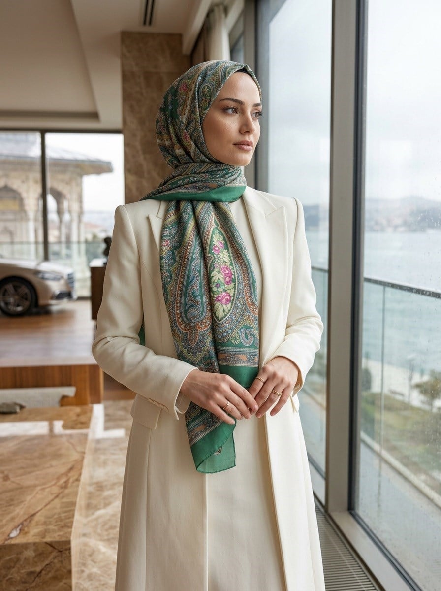 %100 İpek Etro Desenli Petrol Yeşili Renkli 92x210 Şal