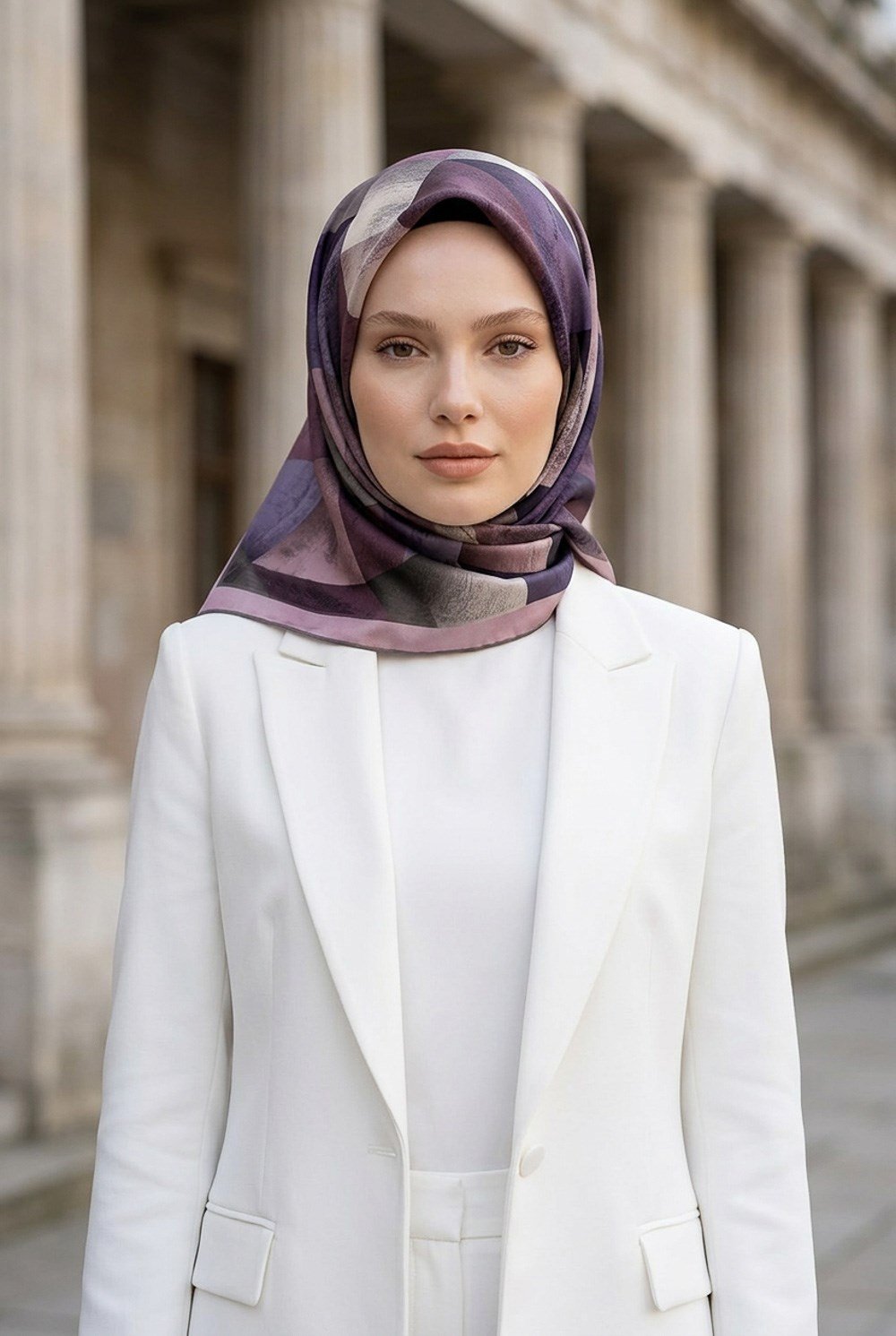 % 57 İPEK % 43 VİSKON Twill İpek Geometrik Desenli Lila - Pembe Renkli 90x90 Eşarp Dikim Şekli : El Dikişi