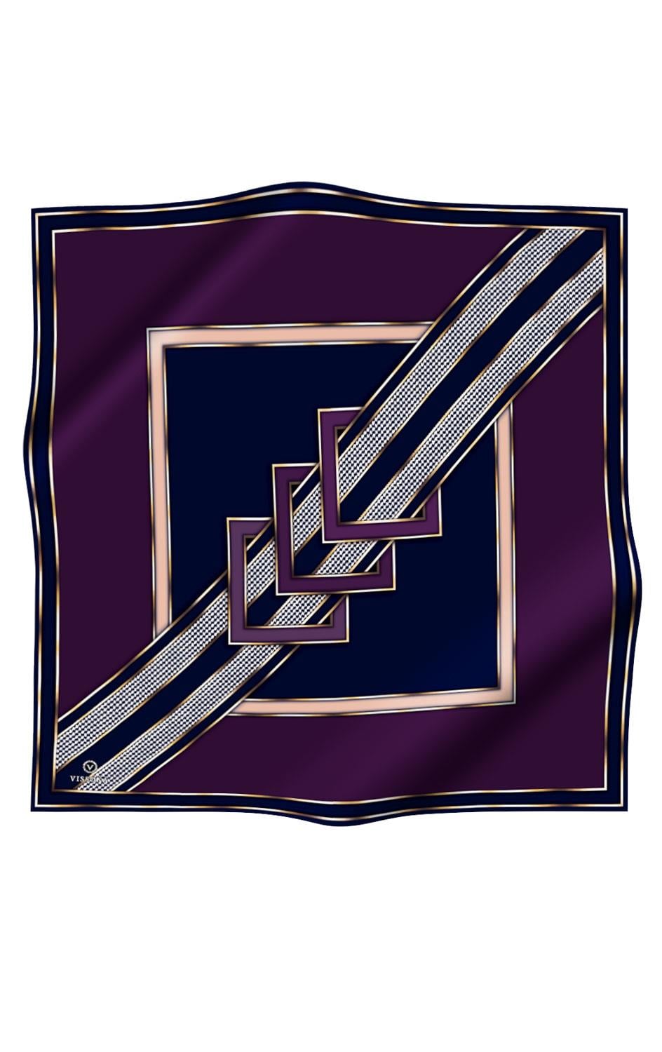 %100 Twill İpek Kareli Kazayaklı Desenli Mürdüm - Lacivert Renkli 90x90 Eşarp Kenar Dikiş Şekli El Dikişli
