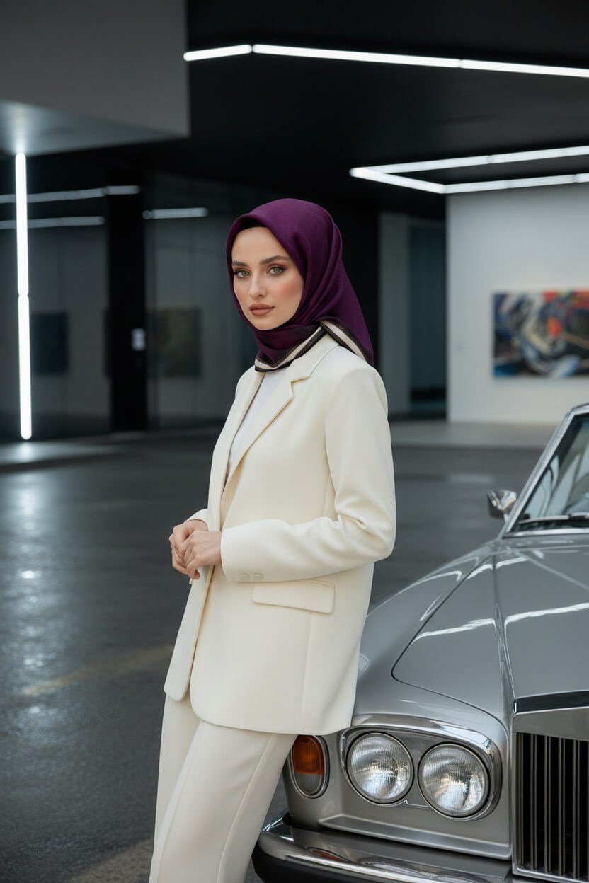 100% Twill İpek Monogram Desenli Mürdüm Renkli 90x90 Dikim Şekli : El Dikişi Eşarp
