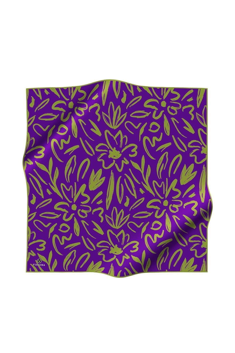 %100 Twill İpek Büyük Çiçek Desenli Mor - Haki Renkli 90x90 Eşarp Dikim Şekli : El Dikişi