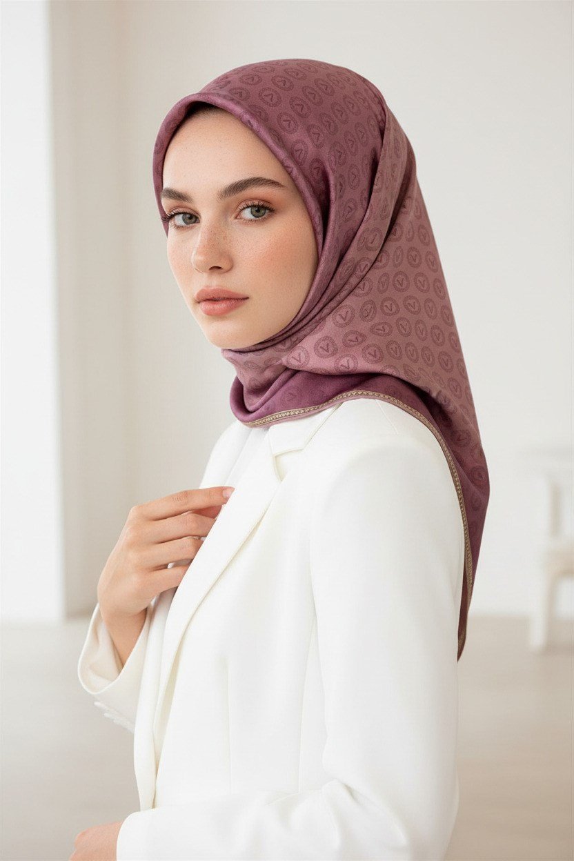 % 57 İPEK % 43 VİSKON Twill İpek Monogram Desenli Gül Kurusu Renkli 90x90 Eşarp Dikim Şekli : El Dikişi