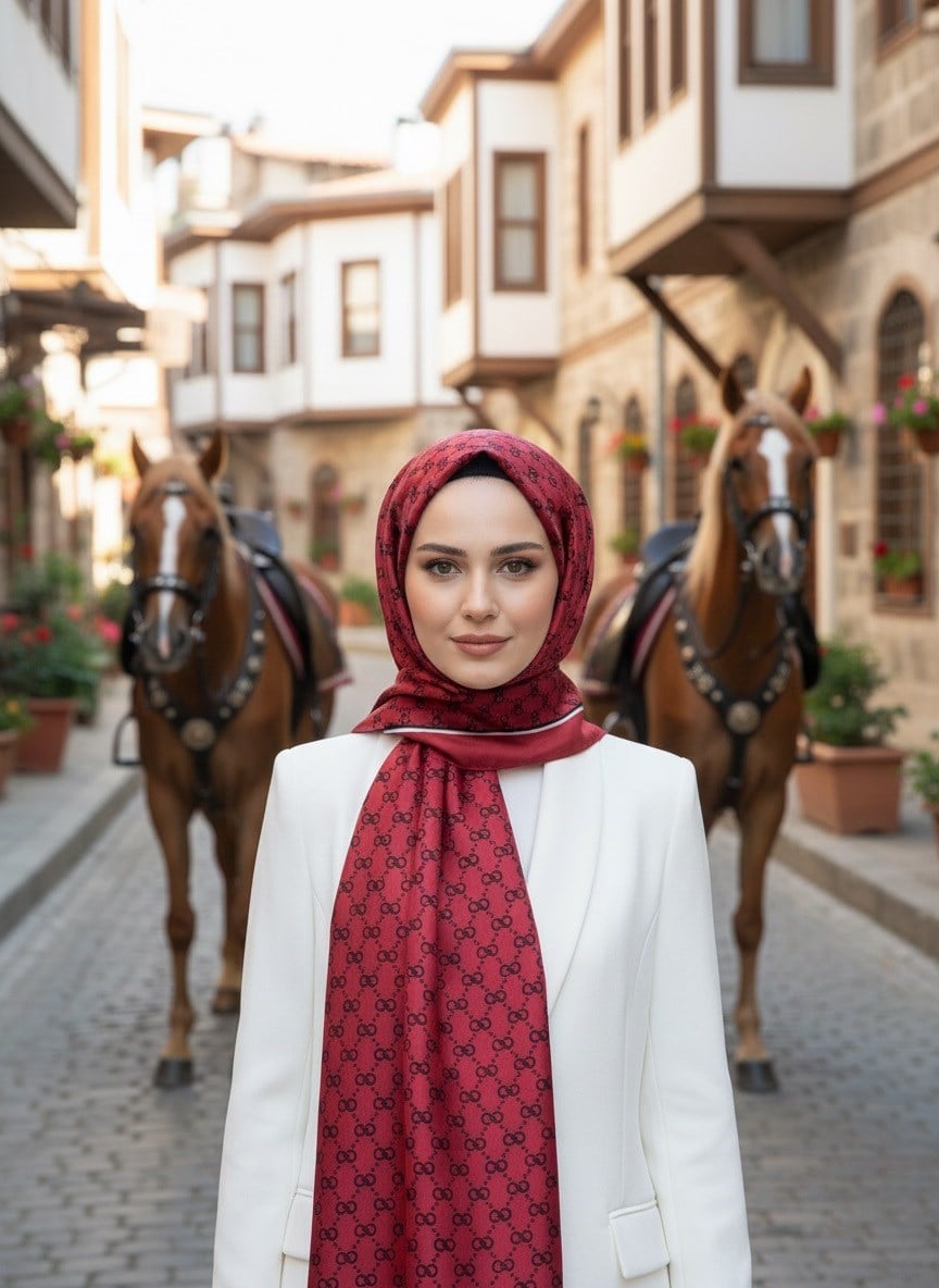 %100 İpek Minik Motif Desenli Bordo Renkli 92x210 Şal