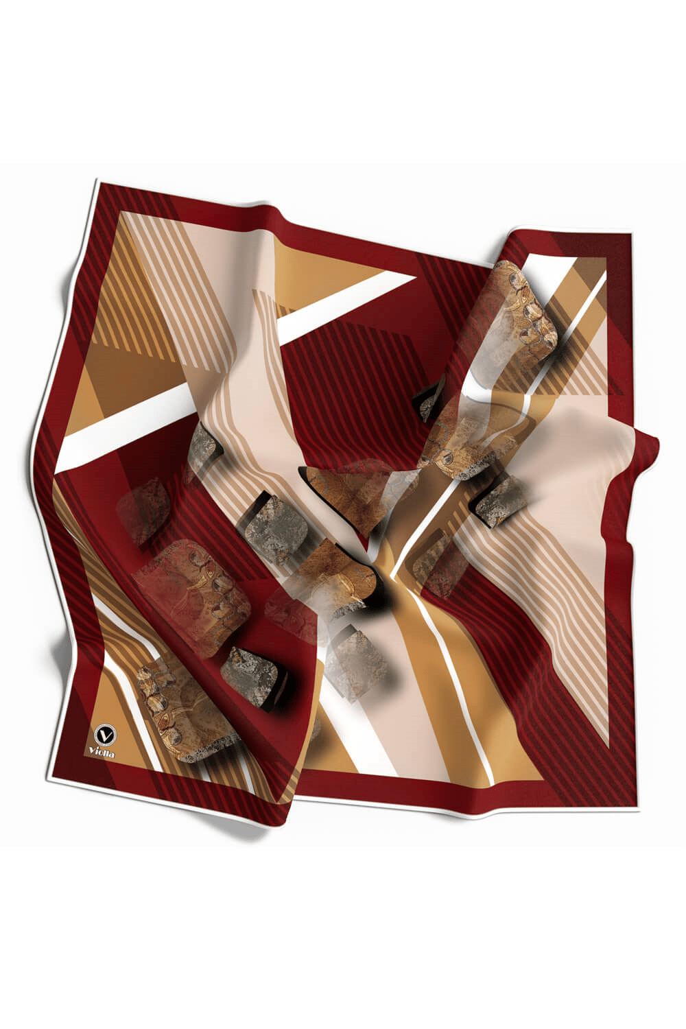 Twill Çizgili ve Geometrik Desenli Bordo Renkli 90x90 Eşarp (İpek İçermez) Kenar Dikiş Şekli El Dikişli