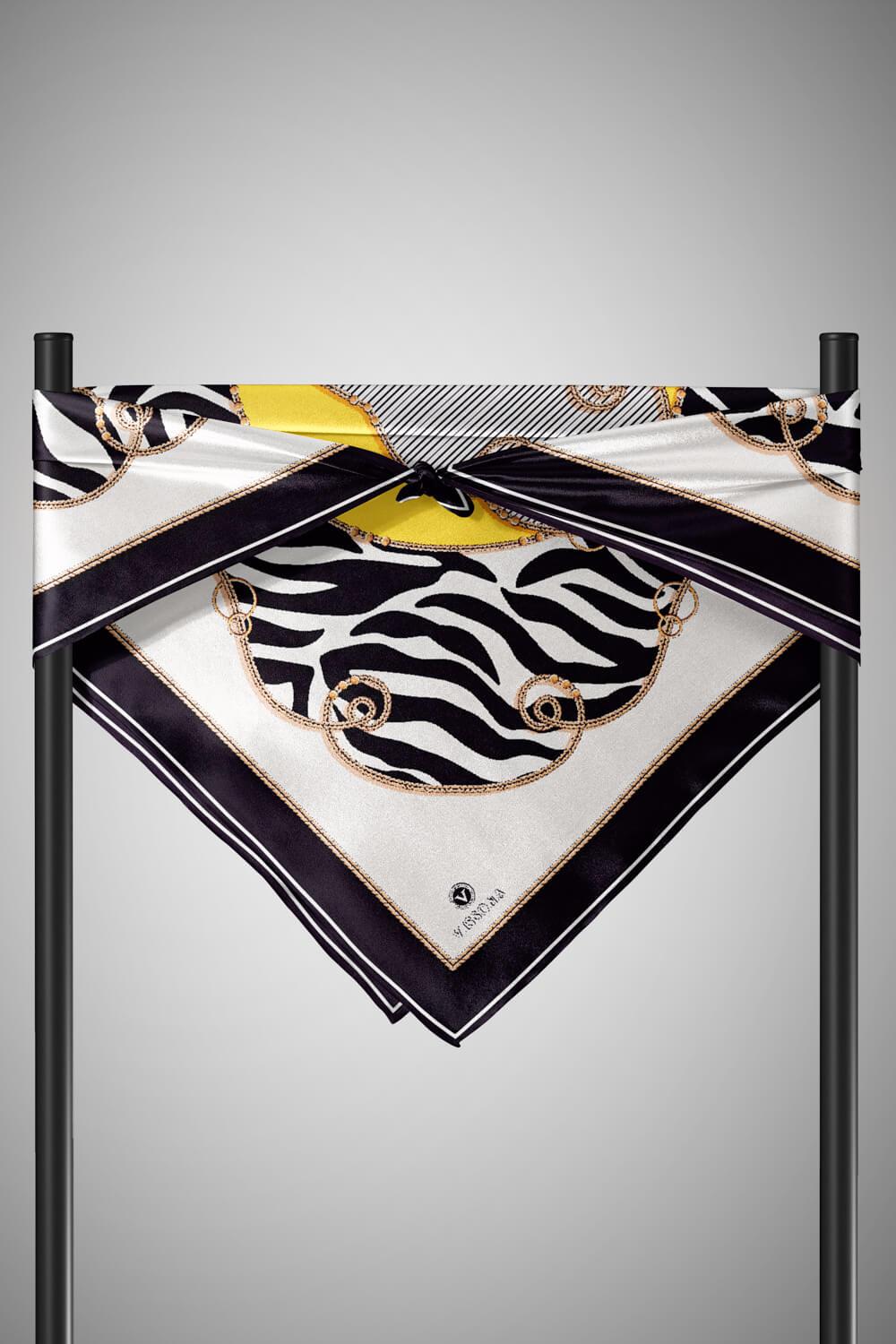 %100 Twill İpek Zincirli Ve Zebra Desenli Siyah - Limon Sarısı Renkli 90x90 Eşarp Dikim Şekli : El Dikişi
