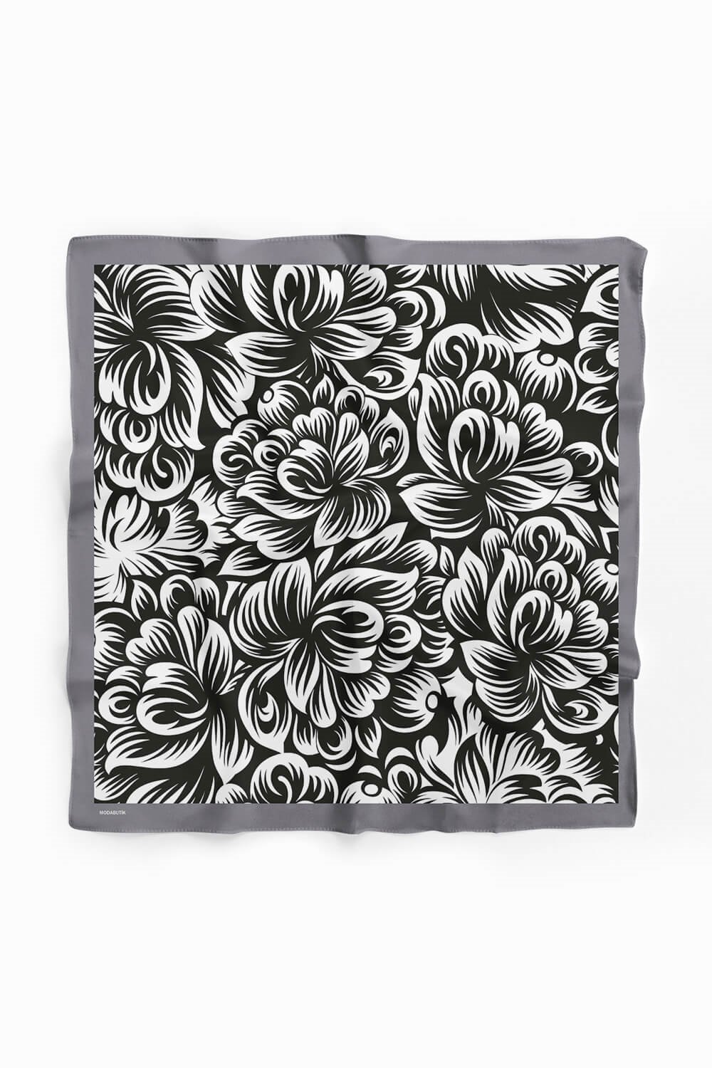 A80 Kadın Çiçek Desenli Bandana 50x50 Siyah Beyaz DG0409-22