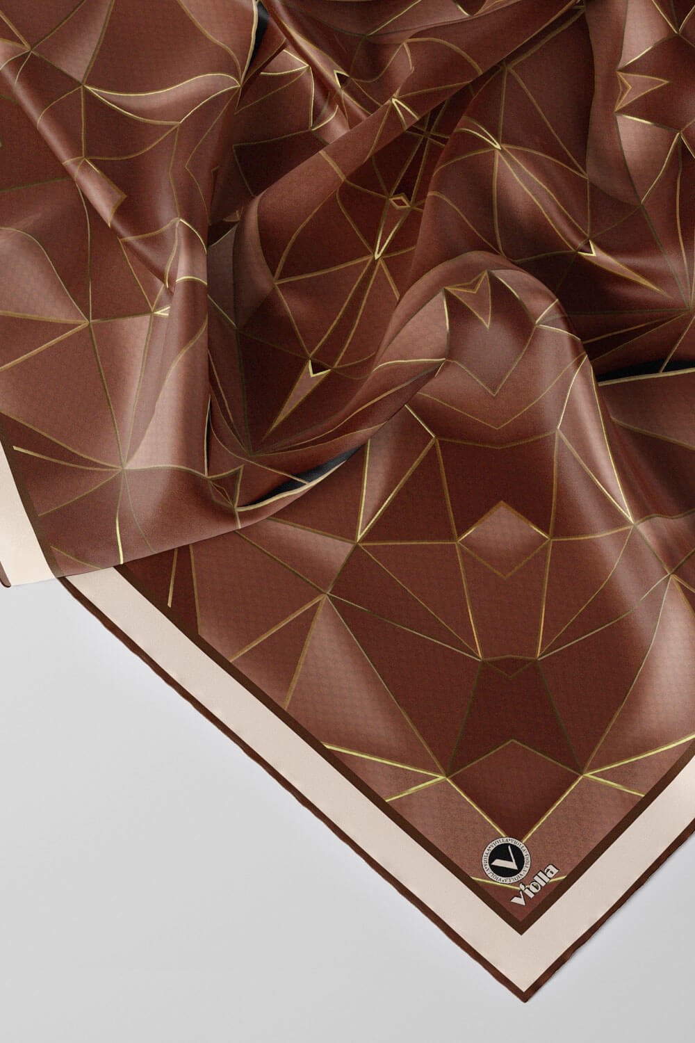 Twill Geometrik Desenli Vizon Renkli 90x90 Eşarp (İpek İçermez) Kenar Dikiş Şekli El Dikişli