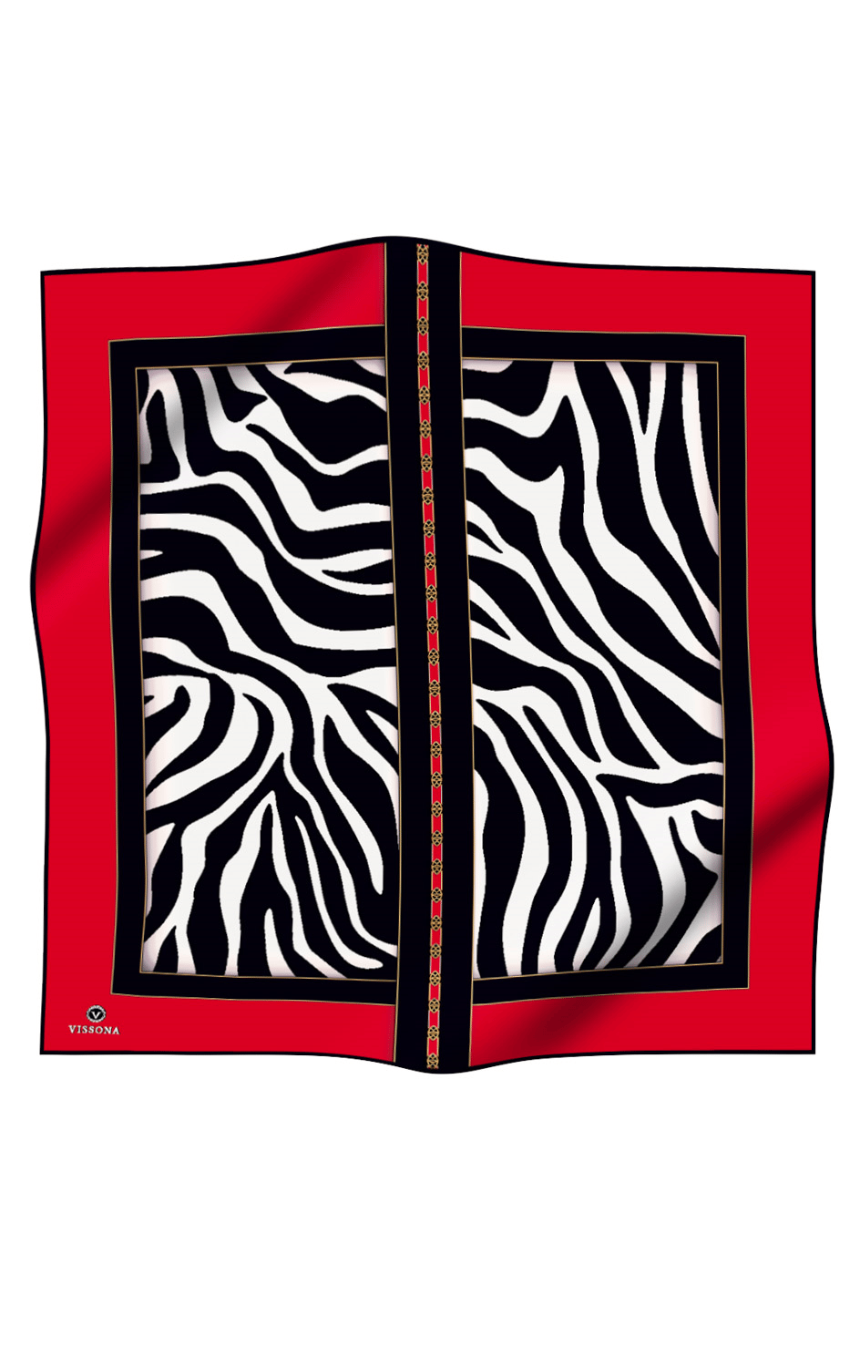 %100 Twill İpek Zebra Desenli Kırmızı - Siyah  Renkli 90x90 Eşarp Kenar Dikiş Şekli El Dikişli