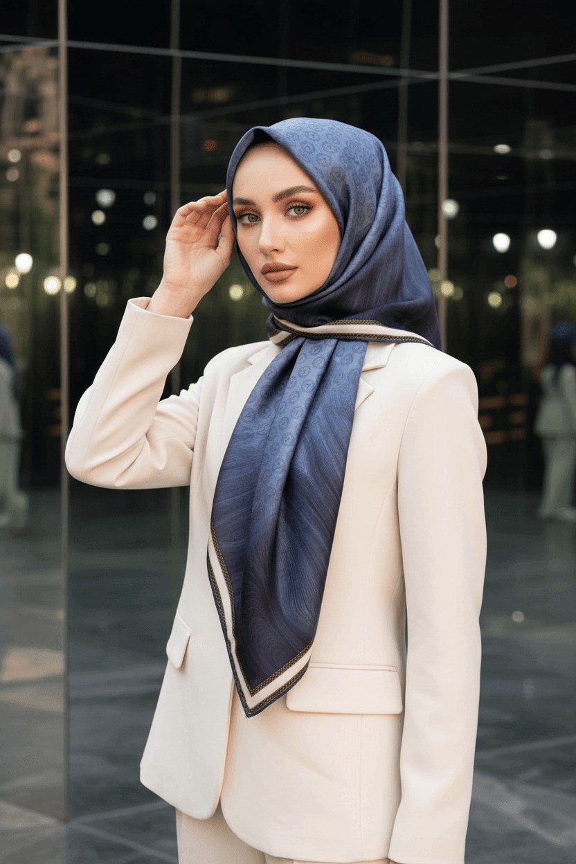 100% Twill İpek Monogram Desenli İndigo Renkli 90x90 Dikim Şekli : El Dikişi Eşarp