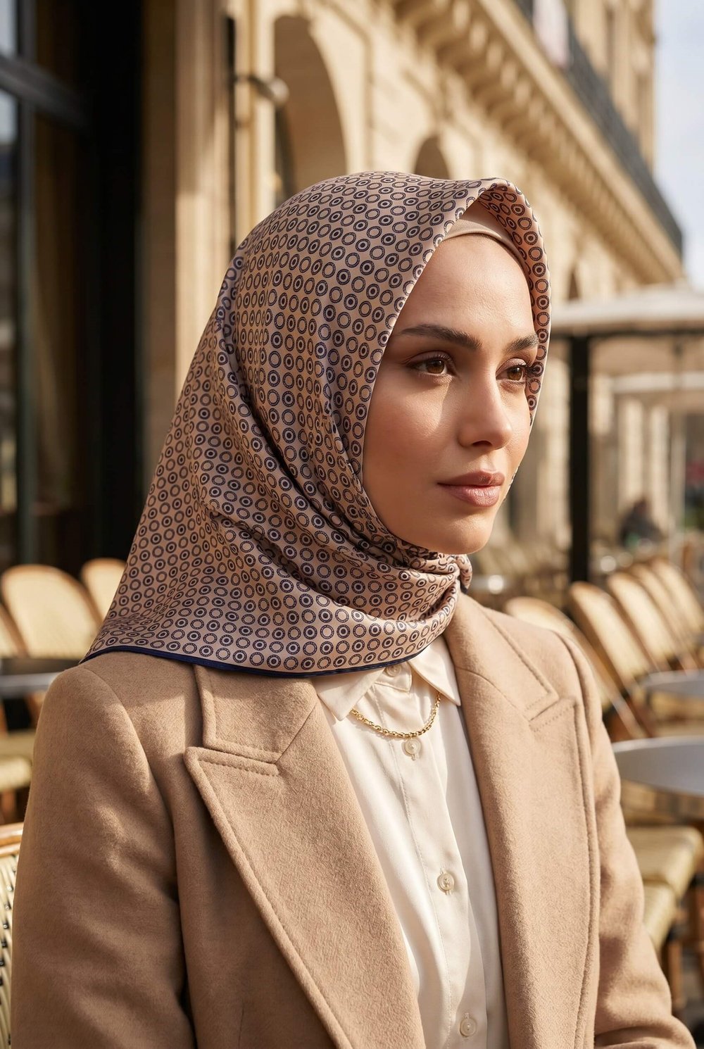 %100 Twill İpek Zincir Desenli Bej - Lacivert Renkli 90x90 Eşarp Kenar Dikiş Şekli El Dikişli
