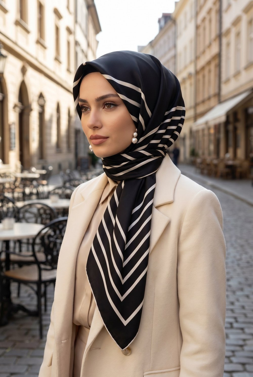 %100 Twill İpek Çizgili Desenli Siyah - Krem Renkli 90x90 Eşarp Dikim Şekli : El Dikişi