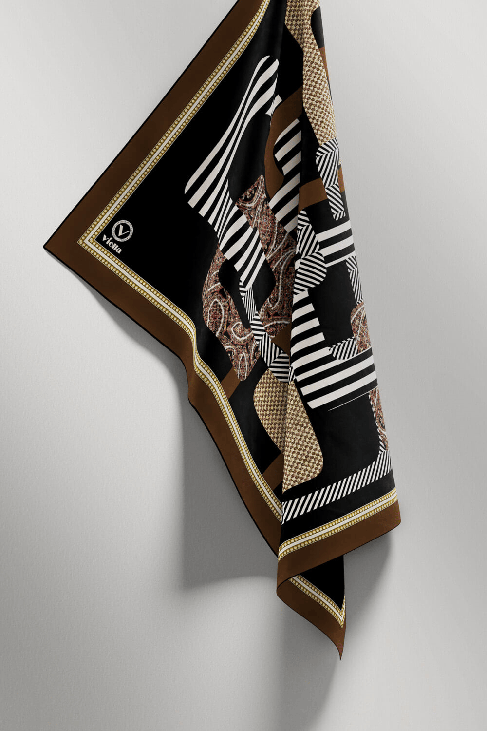 Twill Geometrik Desenli Taba Renkli 90x90 Eşarp (İpek İçermez) Kenar Dikiş Şekli El Dikişli