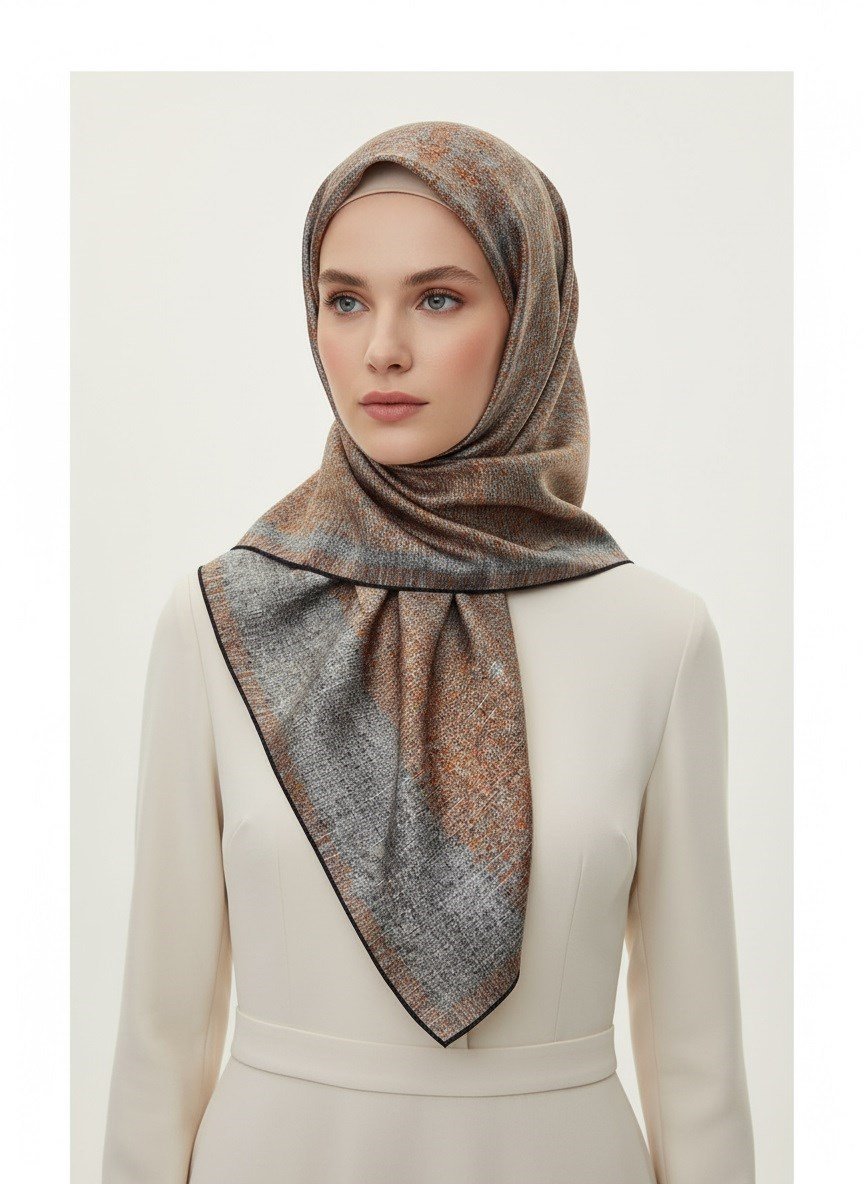 %100 Twill İpek Dokulu Desen Turuncu - Siyah Renkli 90x90 Eşarp Kenar Dikiş Şekli El Dikişli
