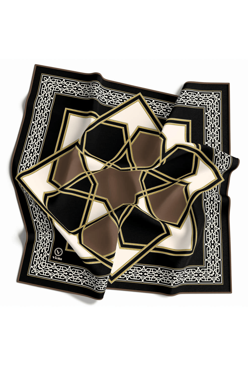 Twill Osmanlı Çini Desenli Vizon Renkli 90x90 Eşarp (İpek İçermez)Kenar Dikiş Şekli El Dikişli