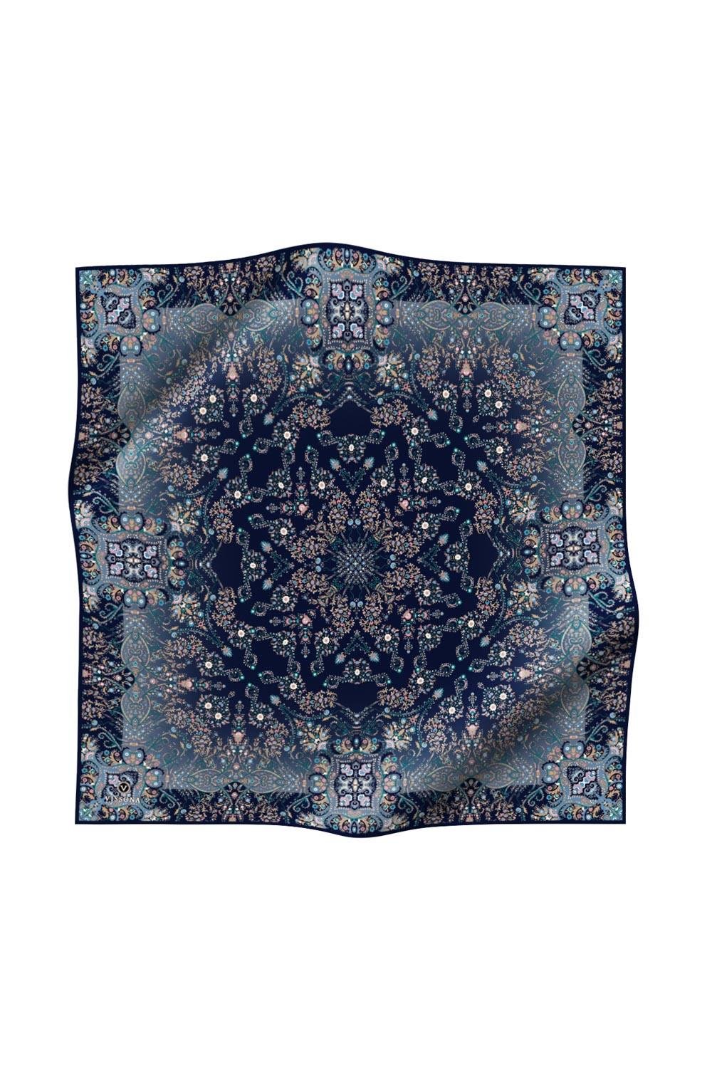 %100 Twill İpek Şal Desenli Lacivert - İndigo Renkli 90x90 Eşarp Dikim Şekli : El Dikişi
