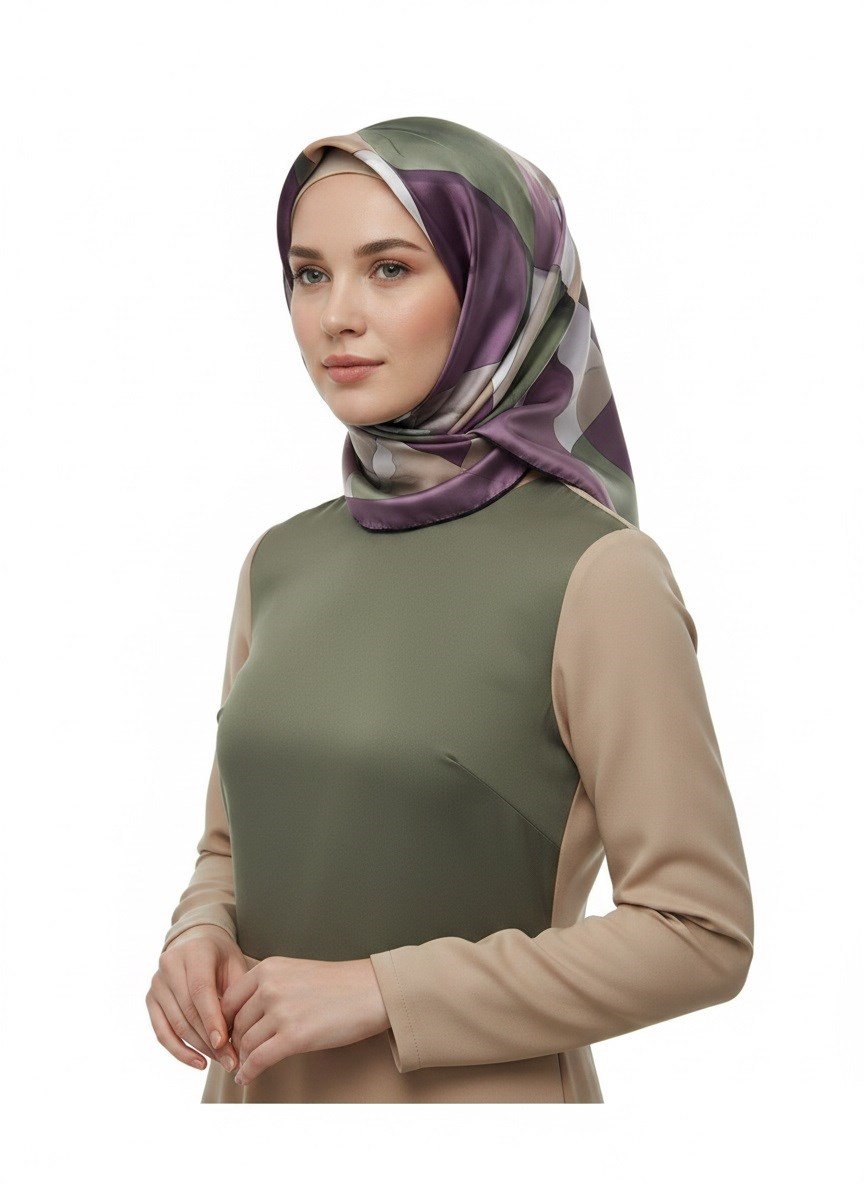 %100 Twill İpek Geometrik Desenli Gül Kurusu - Haki Renkli 90x90 Eşarp Dikim Şekli : El Dikişi