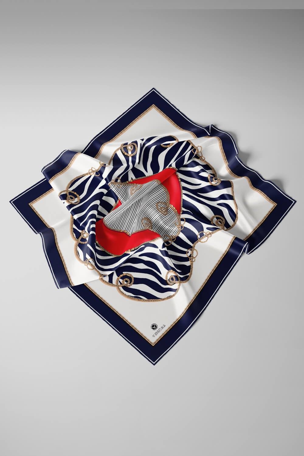 %100 Twill İpek Zincirli Ve Zebra Desenli Lacivert - Kırmızı Renkli 90x90 Eşarp Dikim Şekli : El Dikişi