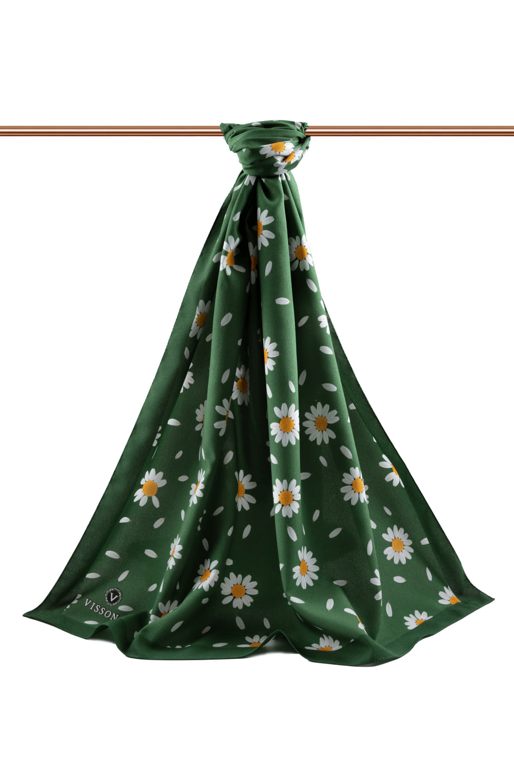 LÜKS MEDİNE İPEĞİ PAPATYA DESENLİ ZÜMRÜT YEŞİLİ RENKLİ 75X195 KIRIŞMAZ ŞAL MOSS KREP DİKİŞ TİPİ İTALYAN DİKİŞLİ